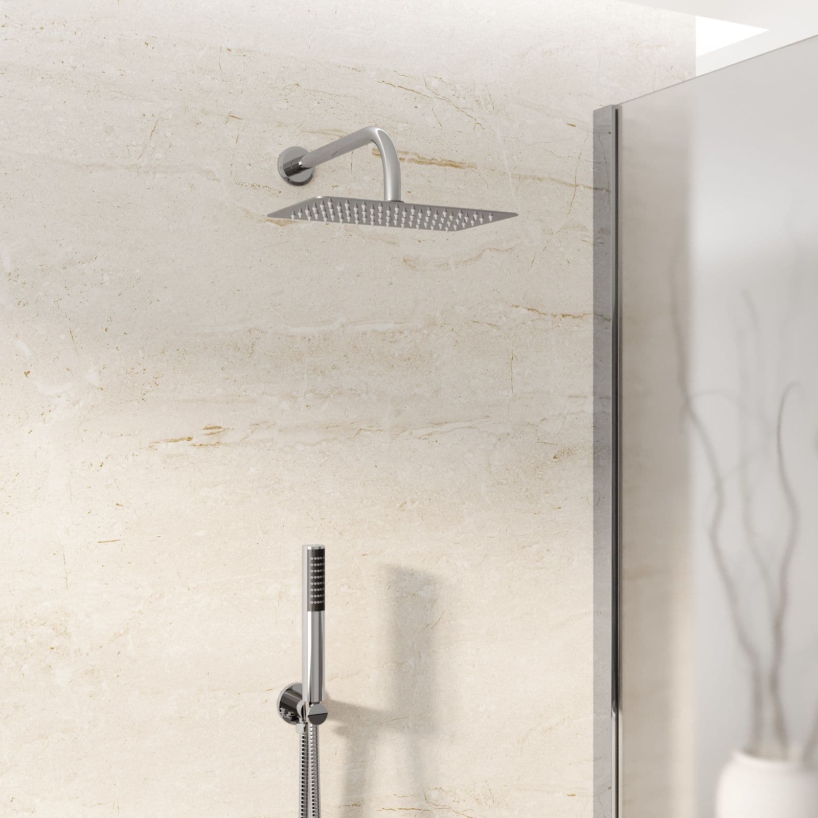 Composizione doccia con braccio 28 cm, soffione 25x15 e doccino con flessibile