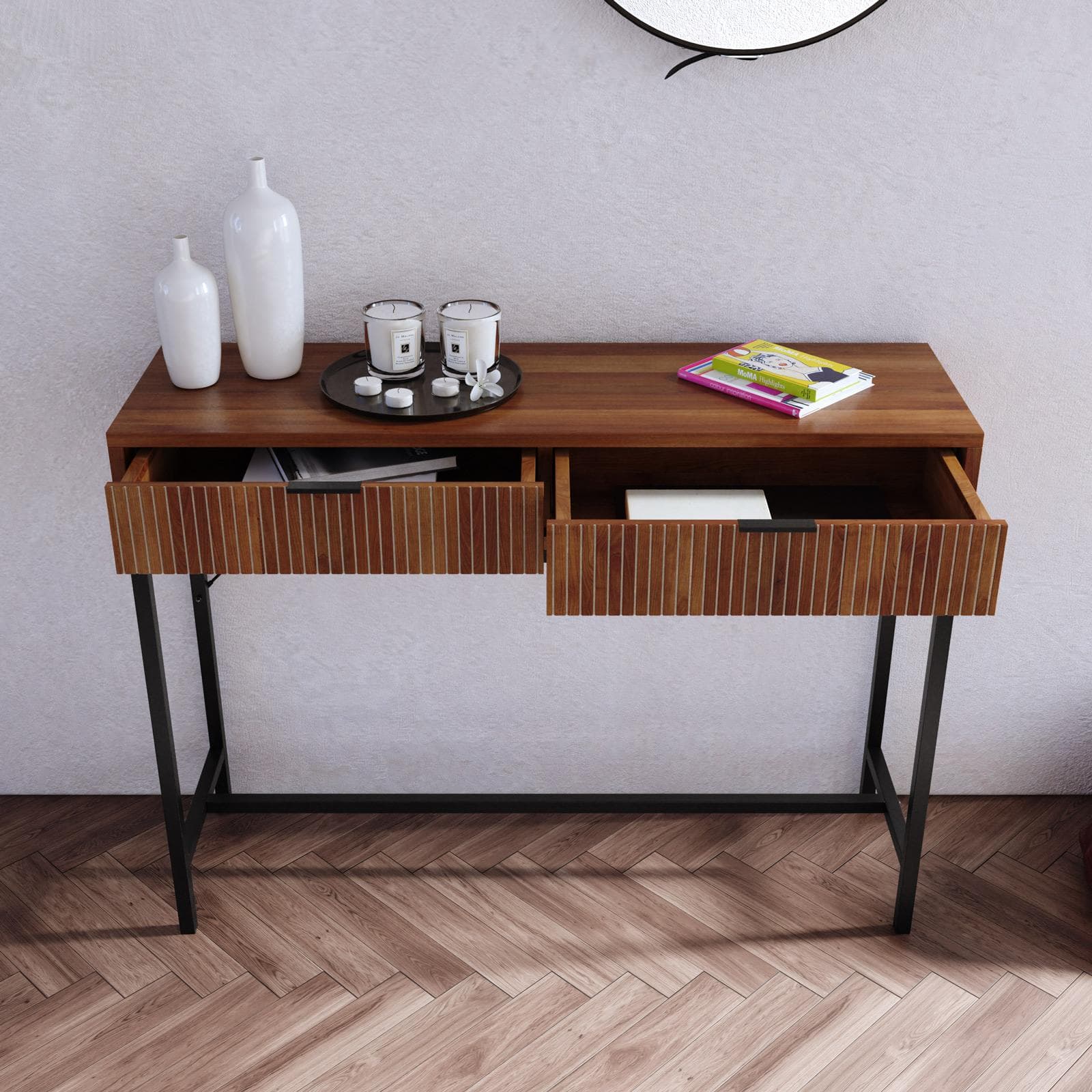 Consolle 100x74h cm noce carter cannettato con 2 cassetti e piedi in metallo nero - Acosta