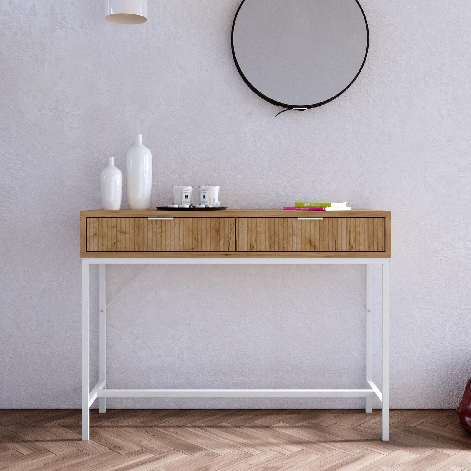 Consolle 100x74h cm rovere chiaro cannettato con 2 cassetti e piedi in metallo bianco - Acosta