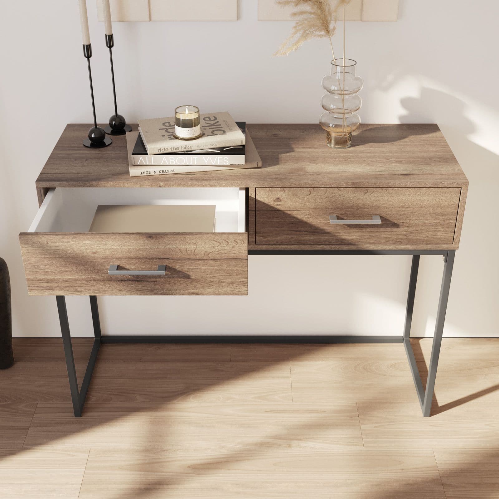 Consolle 110x80h cm in legno rovere e grigio con due cassetti - Tod