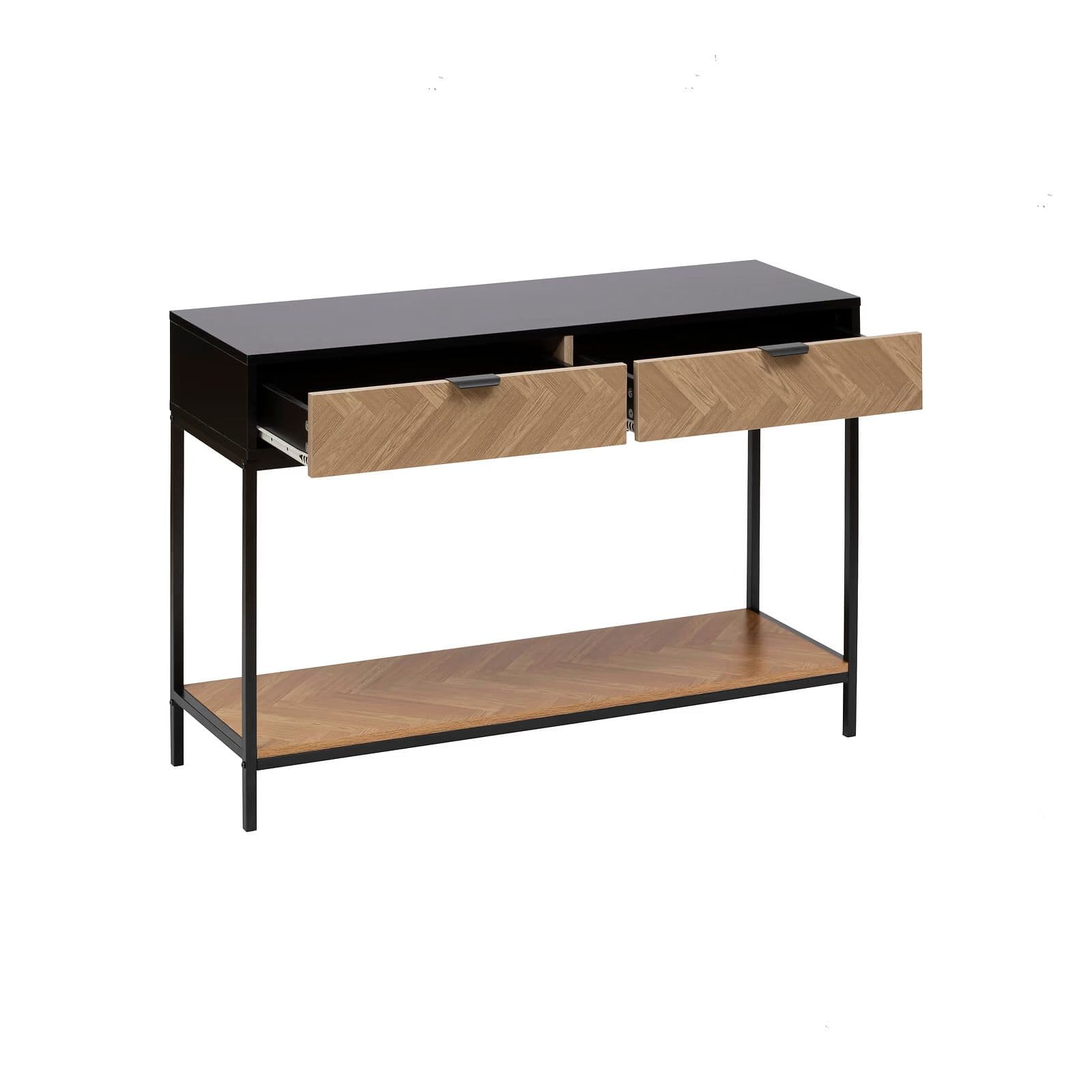 Consolle 110x35 cm in acciaio nero con 2 cassetti in legno effetto parquet - Blacky