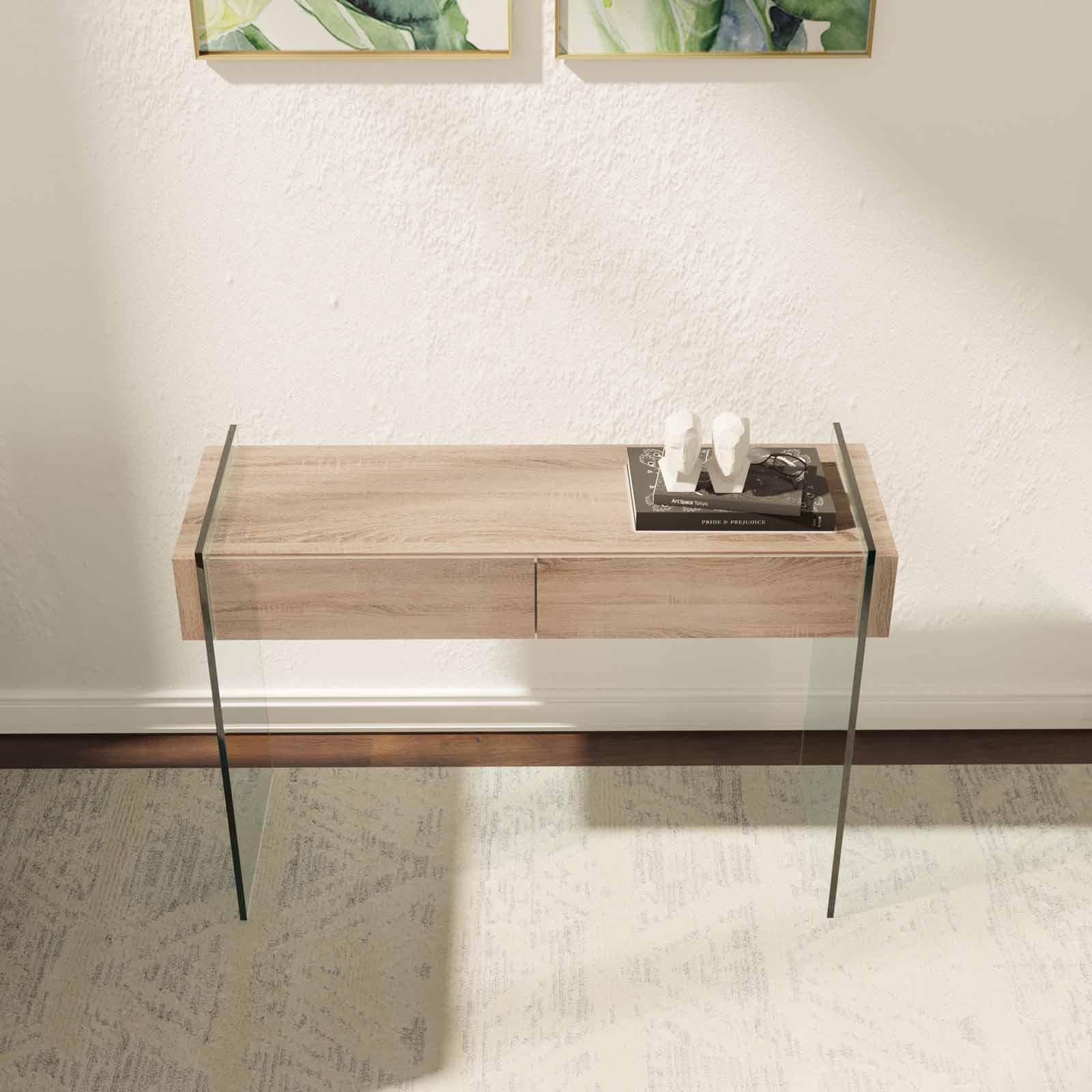 Consolle 110 cm in vetro con 2 cassetti e top rovere - City