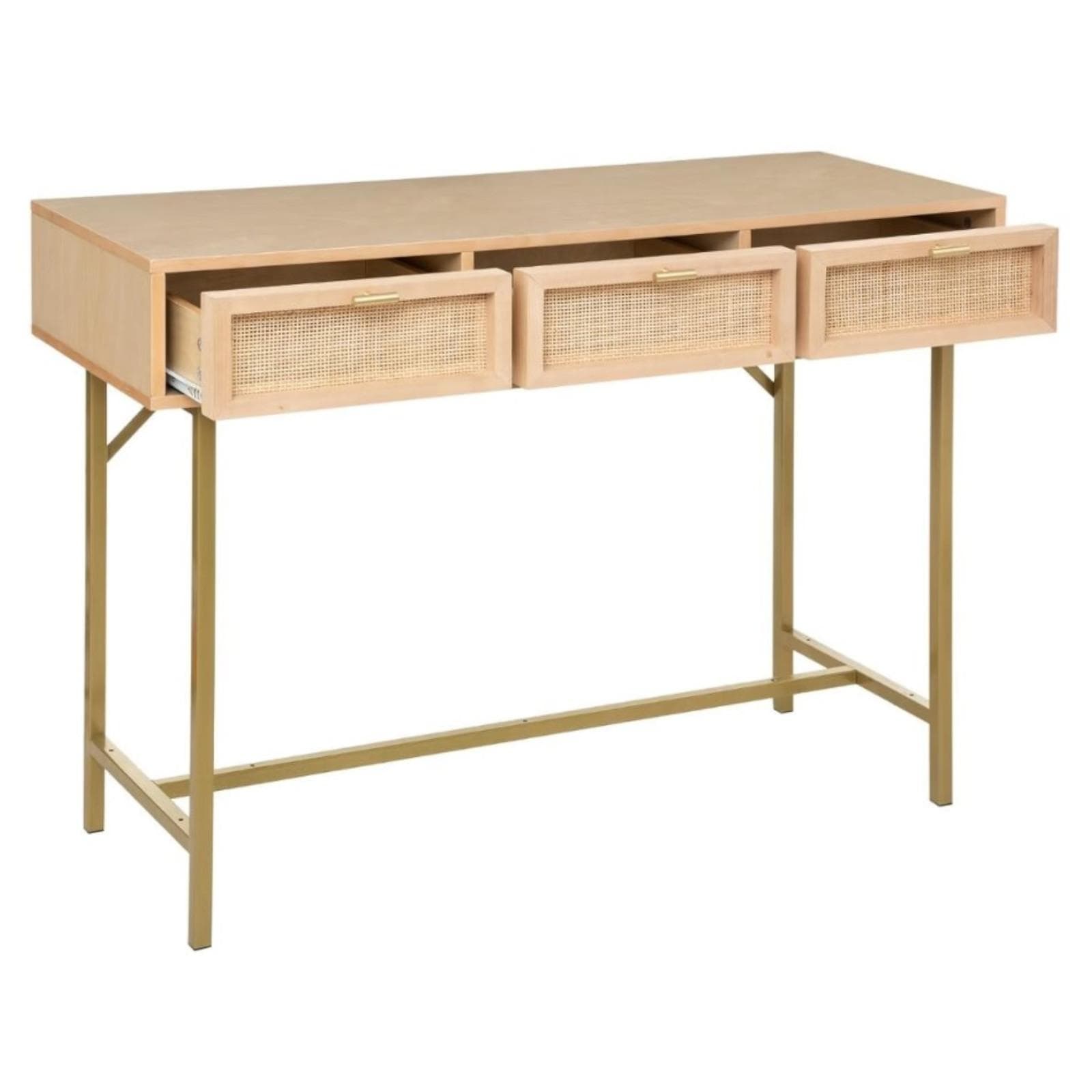 Consolle 110x80h cm in legno e rattan naturale con 3 cassetti e struttura oro - Vallecas