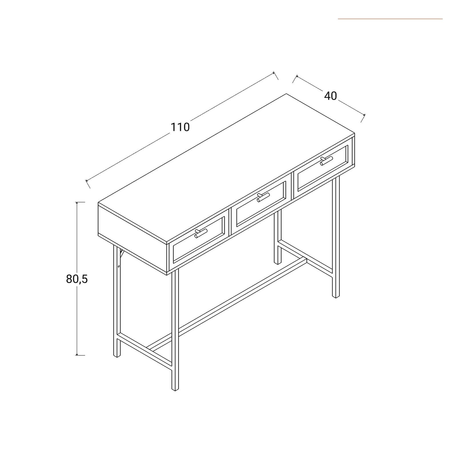 Consolle 110x80h cm in legno e rattan naturale con 3 cassetti e struttura oro - Vallecas