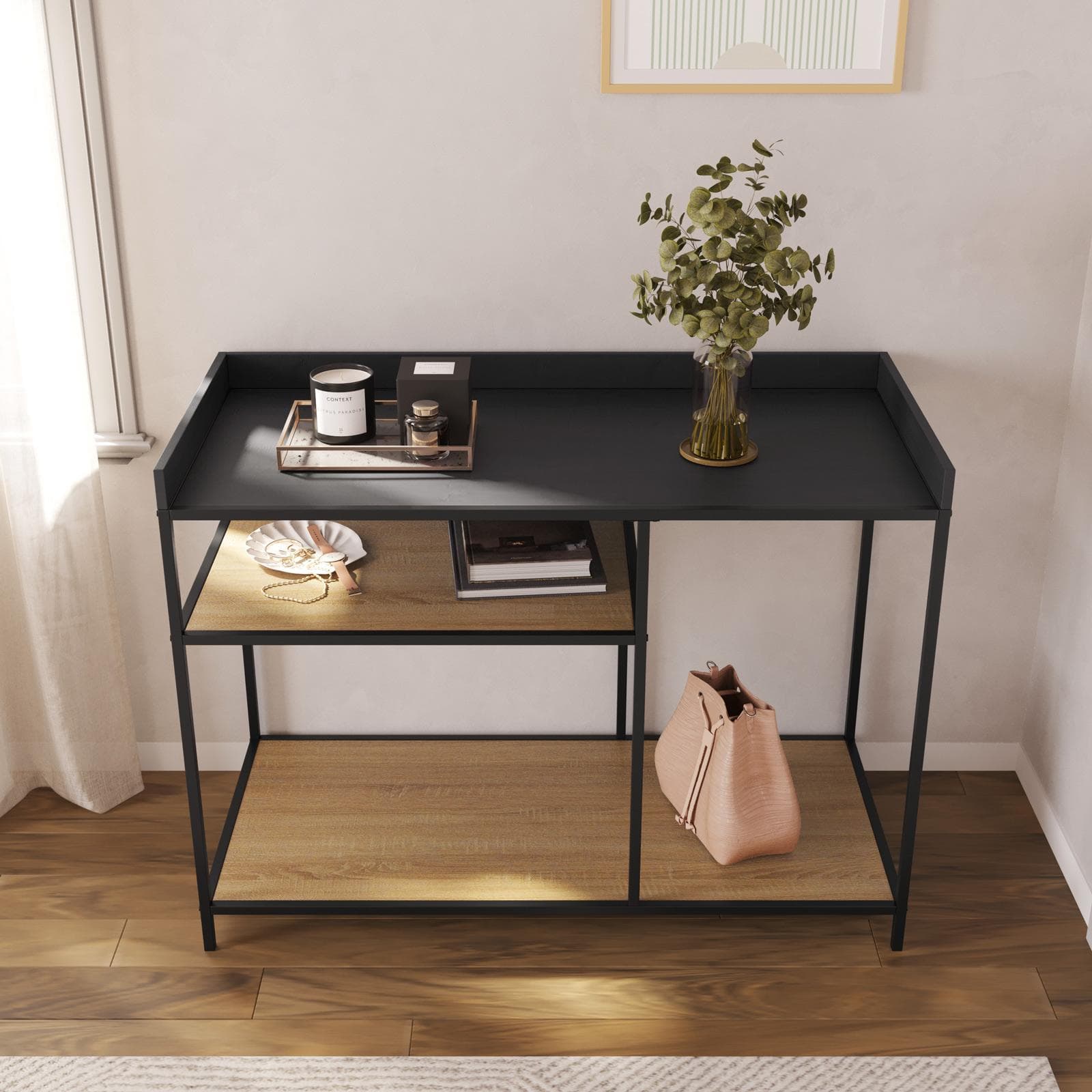 Consolle 110x86h cm effetto rovere grano e metallo nero con ripiani - Puton