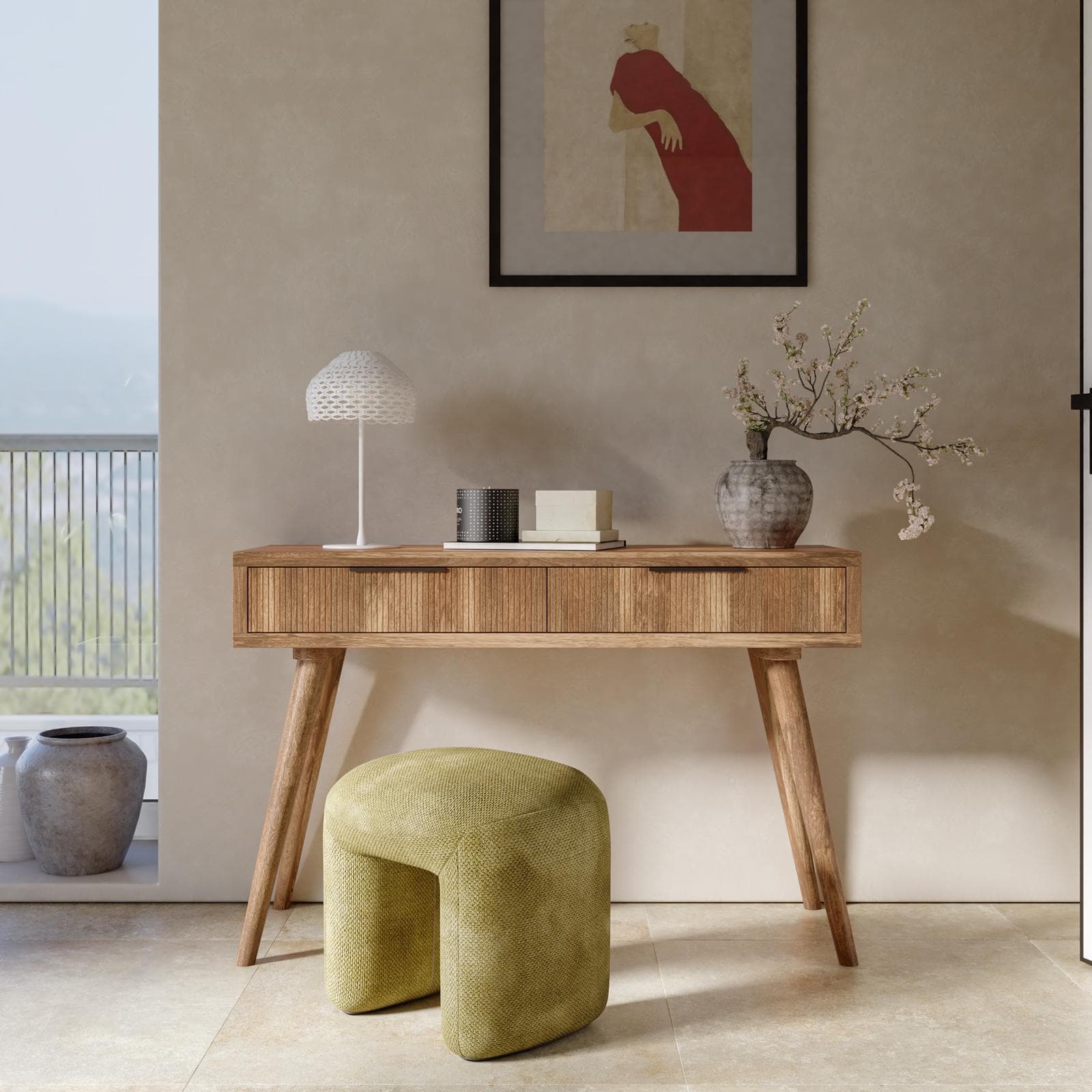 Consolle 118x78h cm in legno di acacia cannettato con 2 cassetti e maniglia nera - Gunadi