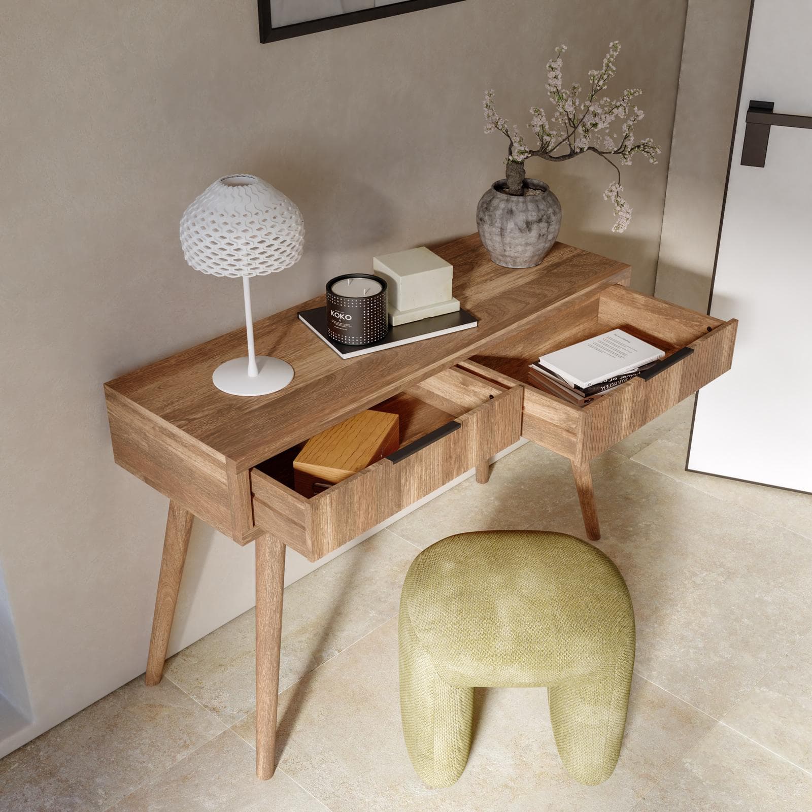 Consolle 118x78h cm in legno di acacia cannettato con 2 cassetti e maniglia nera - Gunadi