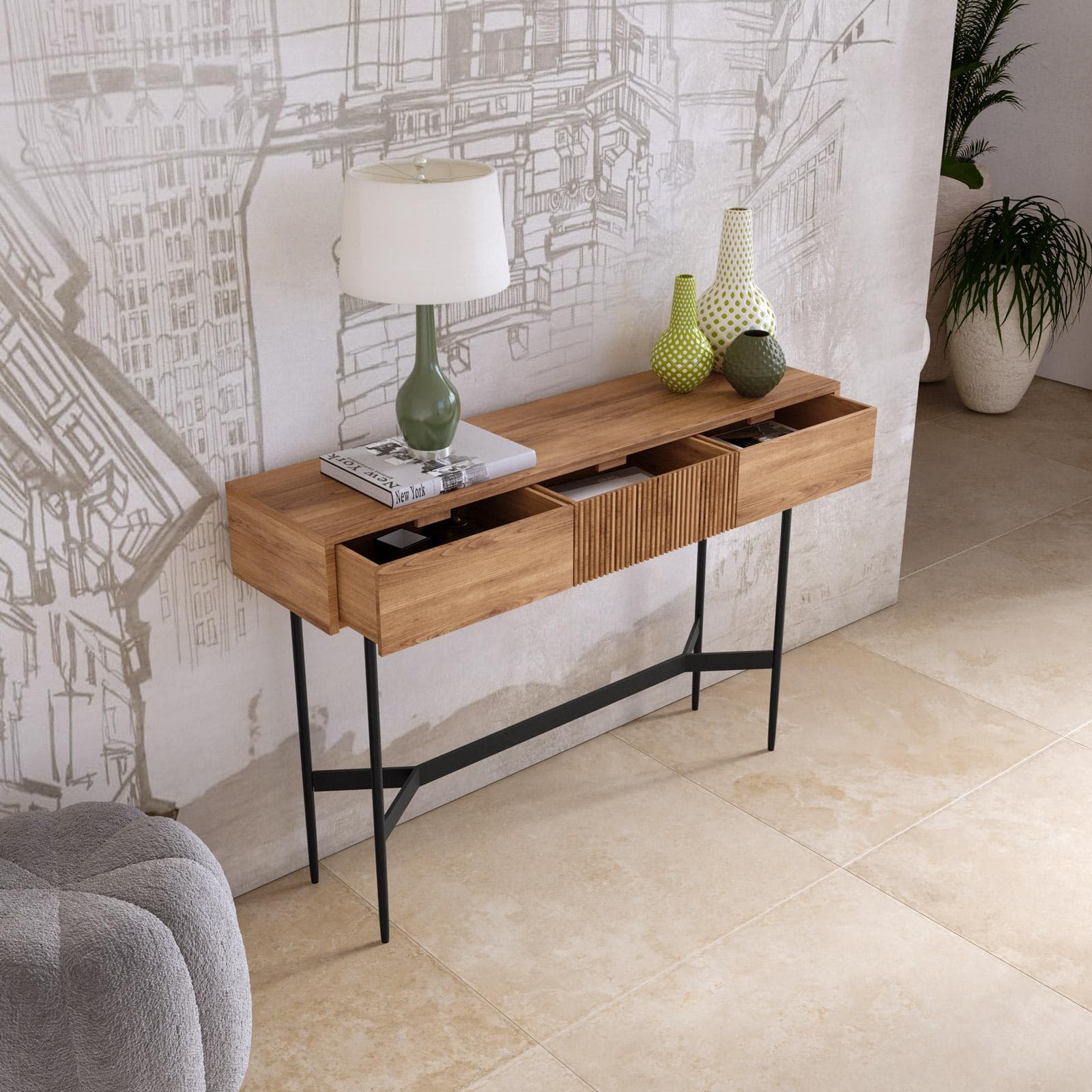 Consolle 118x80h cm in legno di acacia cannettato con 3 cassetti e struttura in metallo nero - Yuni