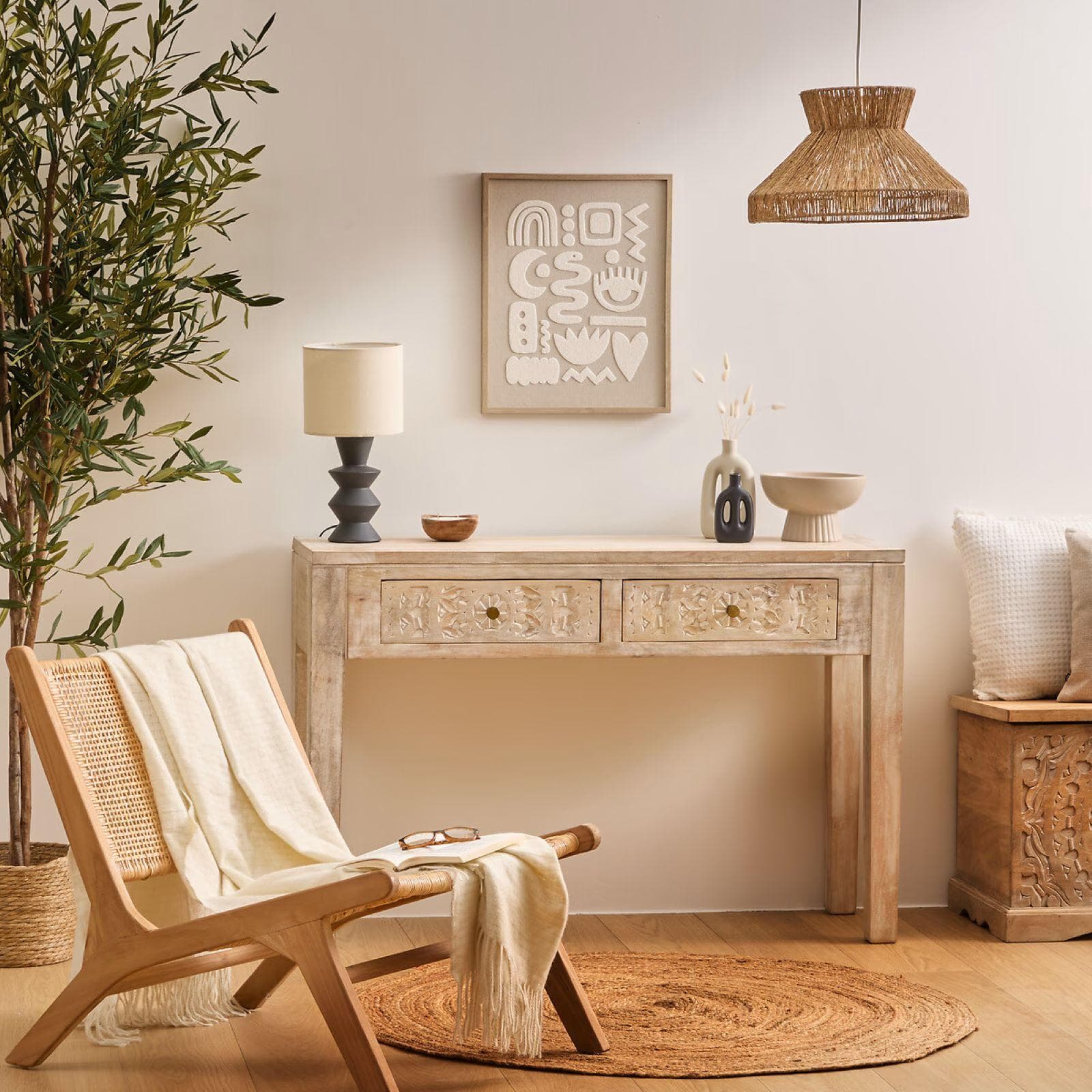 Consolle 120x80h cm in legno di mango con 2 cassetti intagliati a mano - Sintra