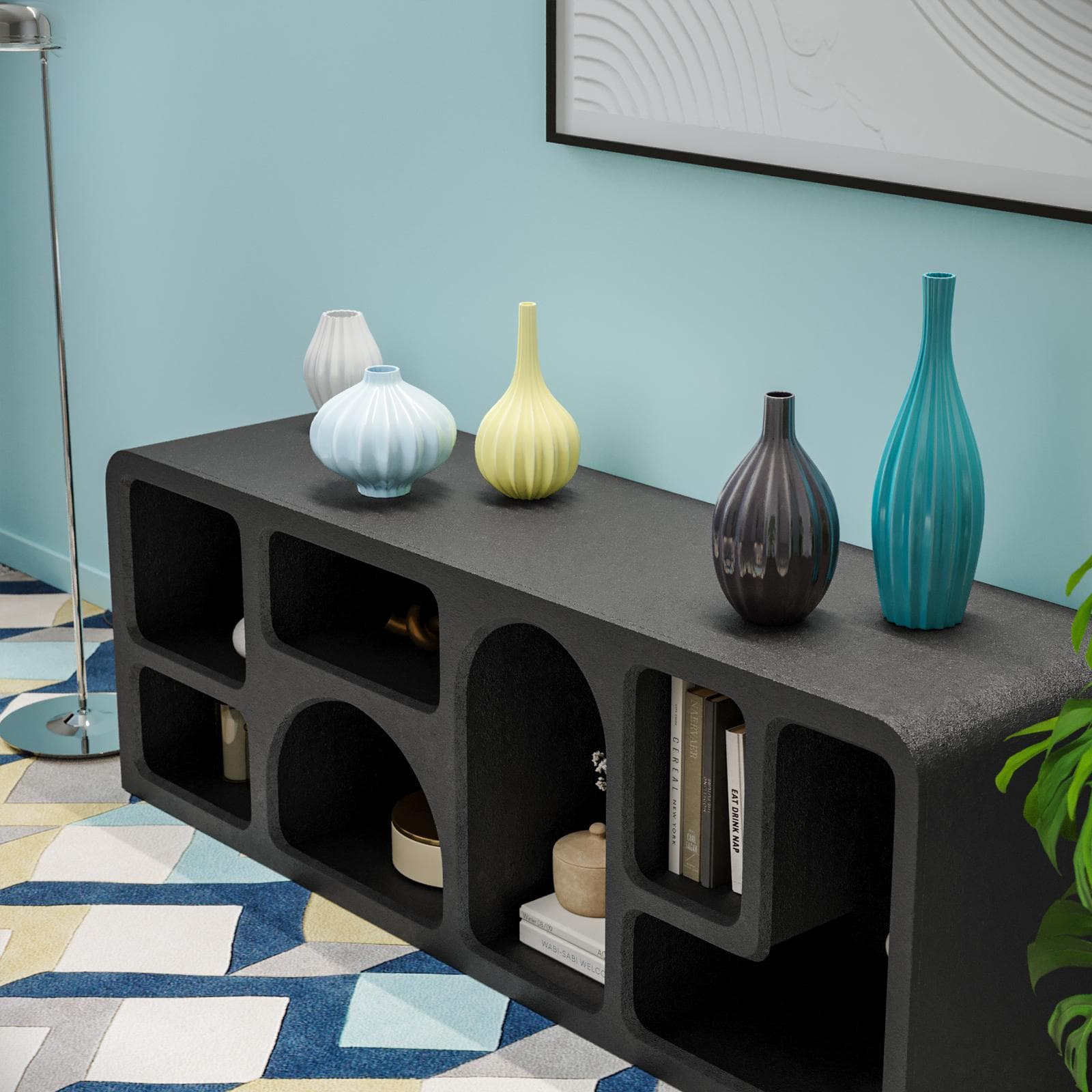 Porta tv 130x50h cm in legno nero effetto pietra - Hermosa