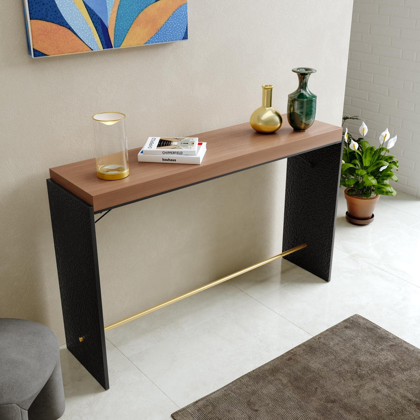 Consolle 135x85h cm in legno noce benson e metallo nero con dettaglio oro - Colys