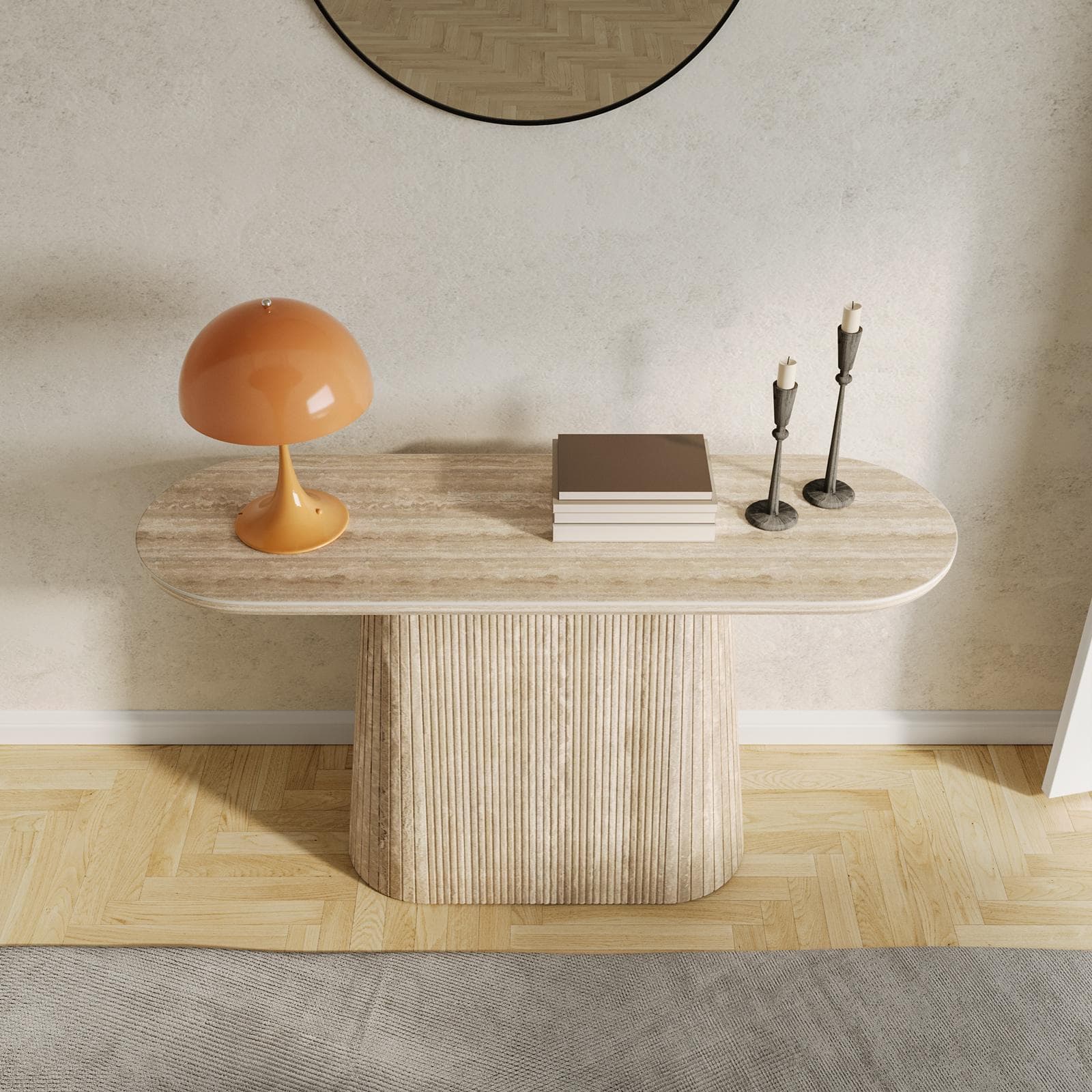 Consolle 140x40 cm con top in pietra sinterizzata e base cannettata beige - Lenry