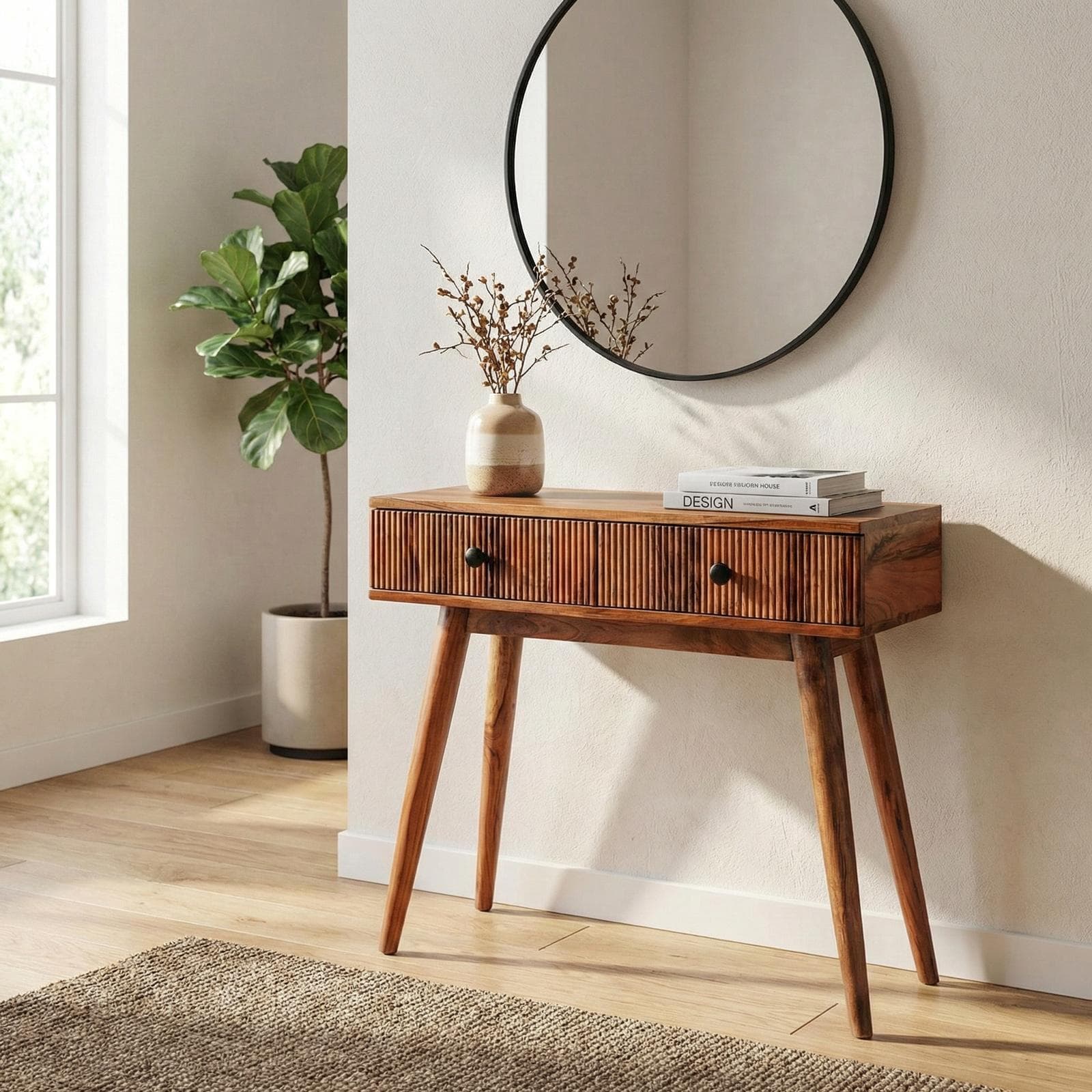 Consolle 88x30 cm in legno di acacia cannettato con due cassetti - Reed