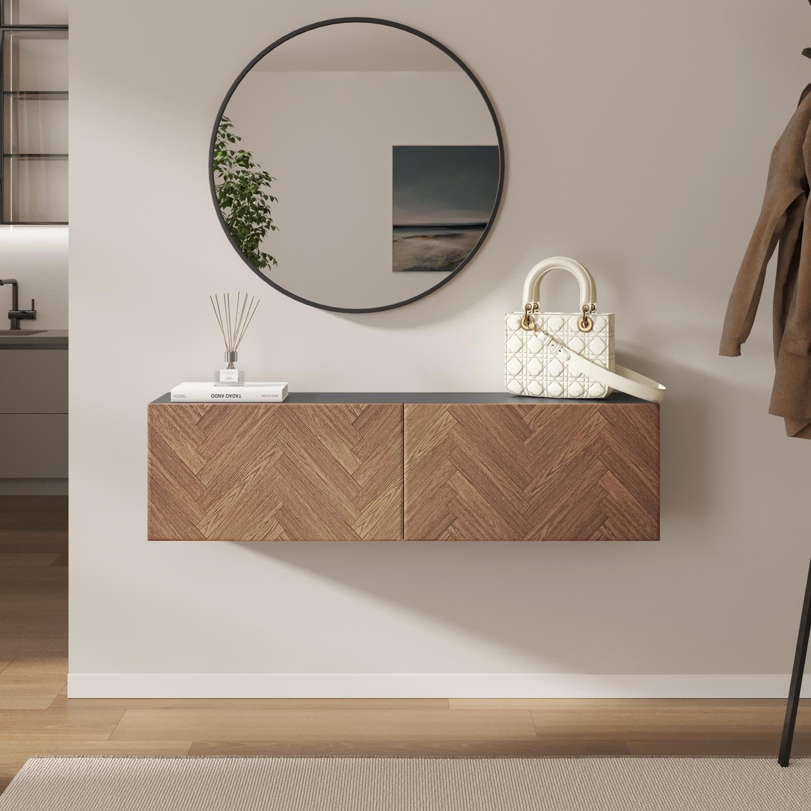 Consolle sospesa 120x25 cm antracite e rovere effetto parquet con 2 ante e specchio - Betka
