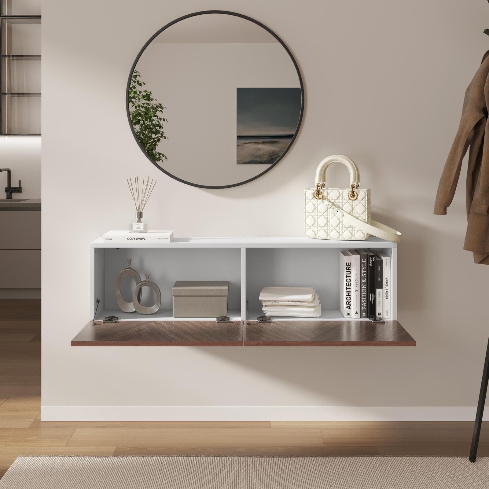 Consolle sospesa 120x25 cm bianco e noce effetto parquet con 2 ante e specchio - Betka