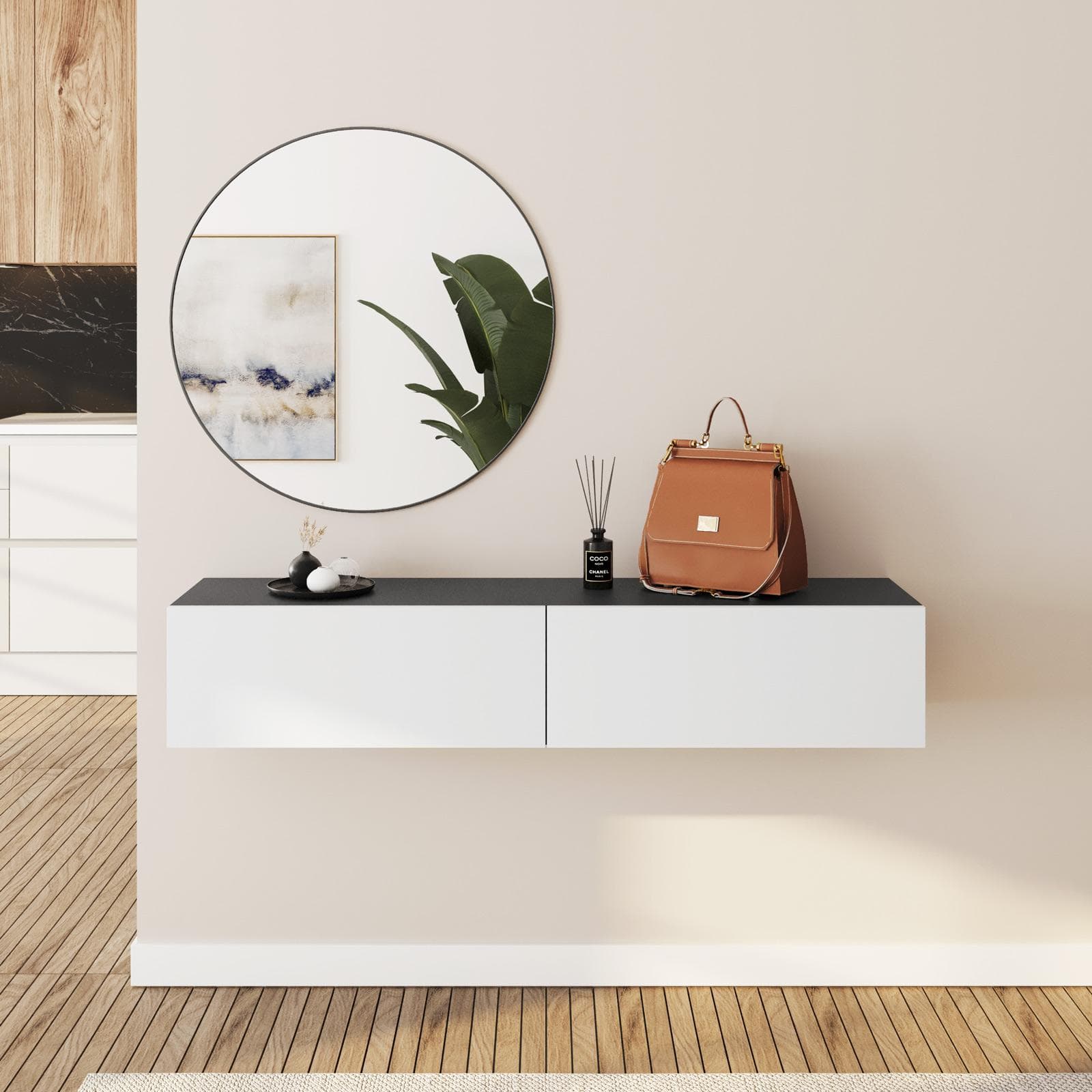 Consolle sospesa 135x32h cm antracite con 2 ante bianco opaco e specchio - Betka