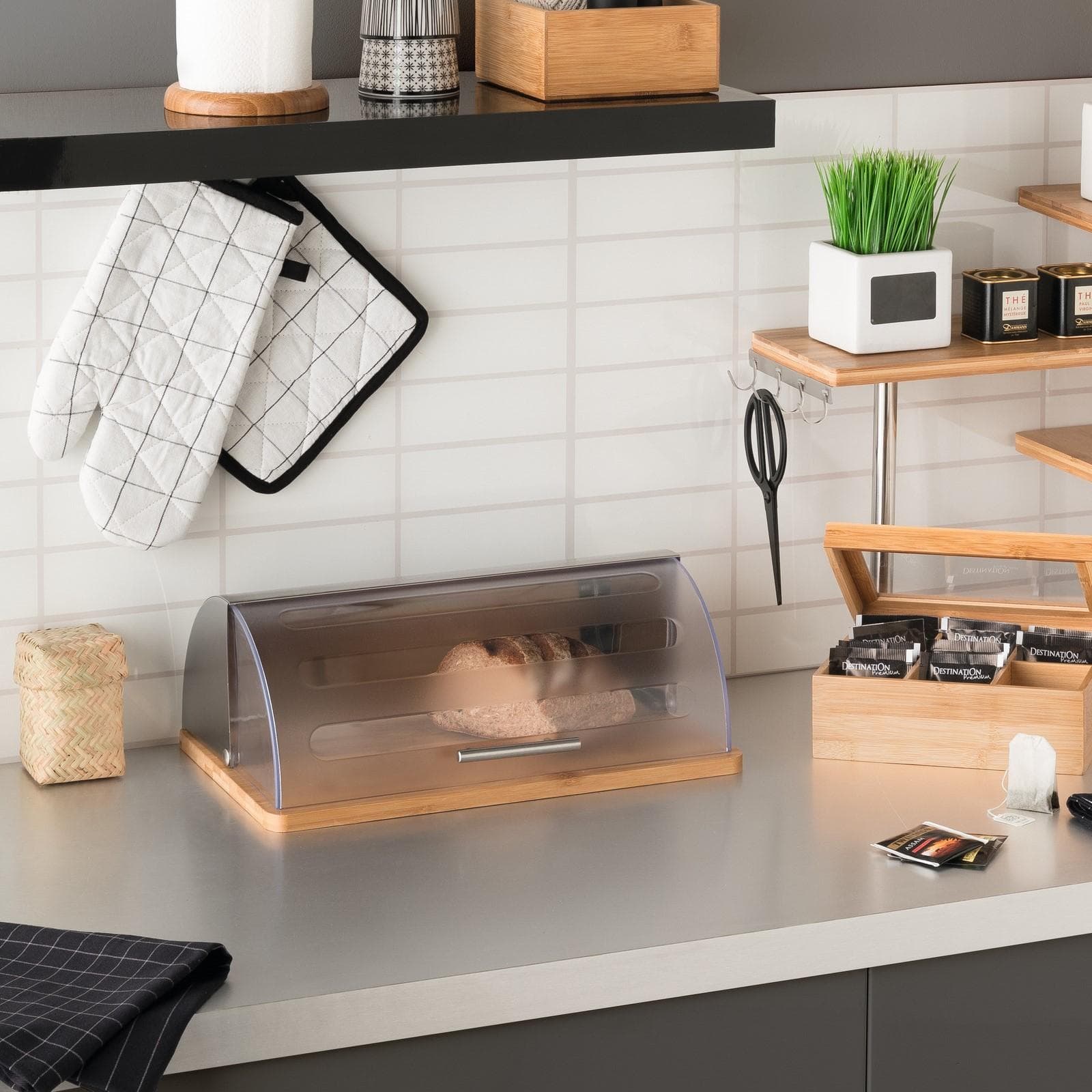 Contenitore per il pane 39x17h cm in bambù naturale e acciaio inox