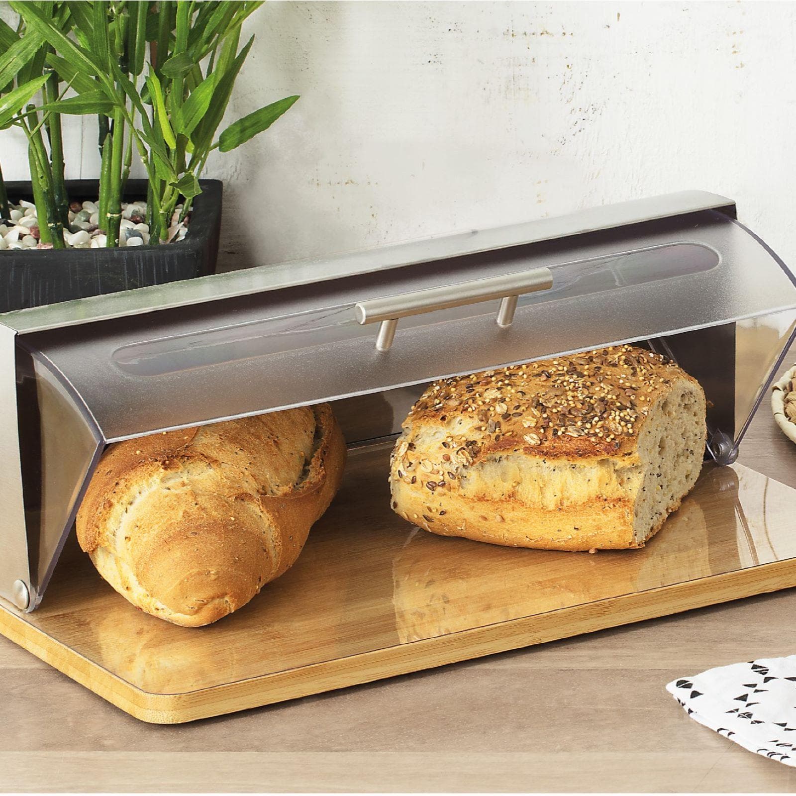 Contenitore per il pane 39x17h cm in bambù naturale e acciaio inox