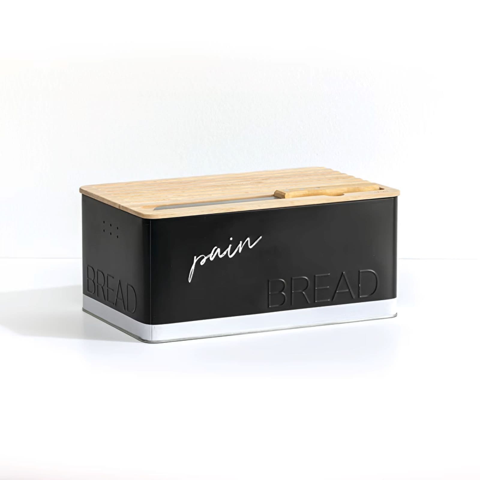Contenitore per pane 33x15h cm in metallo nero e legno naturale con coltello e tagliere