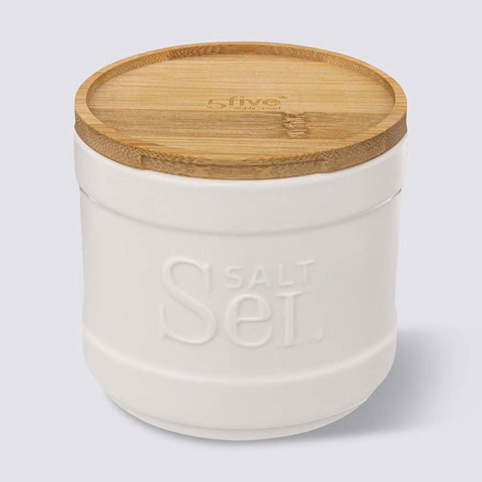 Contenitore per sale rotondo 10 cm in ceramica bianco e coperchio in bambù