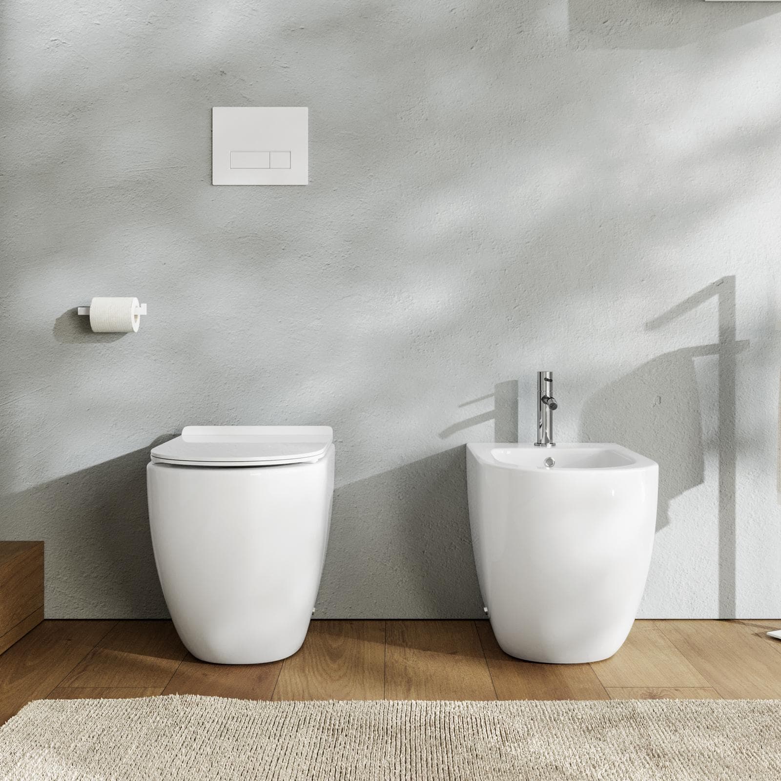Coppia di sanitari filomuro in ceramica con scarico traslato e copriwc softclose - One