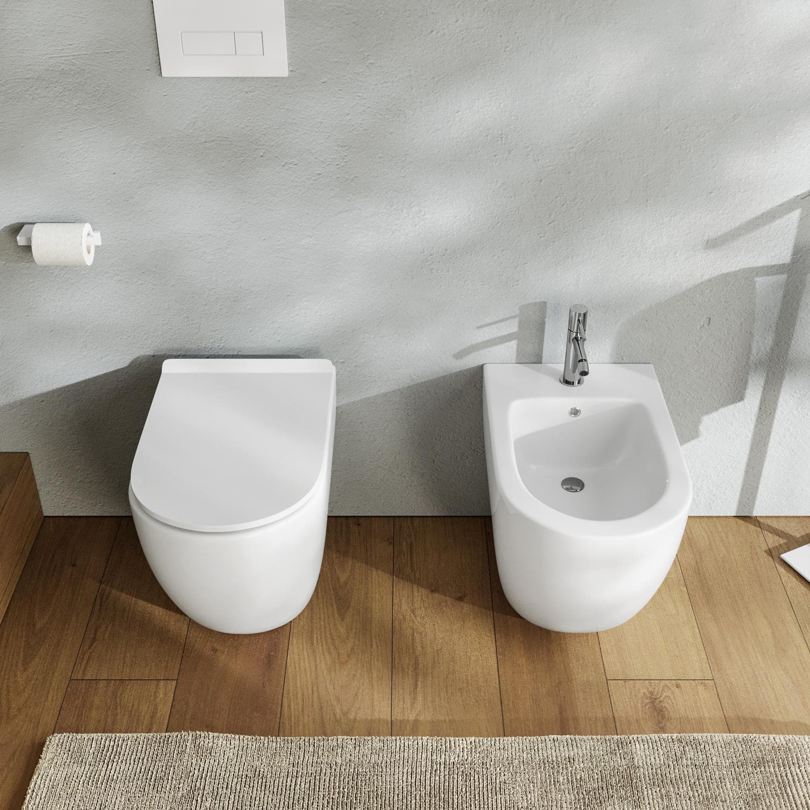 Coppia di sanitari filomuro in ceramica con scarico traslato e copriwc softclose - One