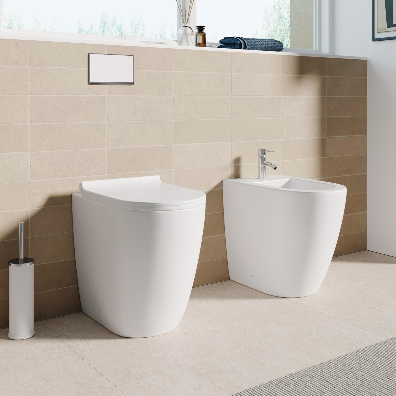 Coppia sanitari filomuro H 50 cm in ceramica bianco opaco con sedile copriwc - Volga Sky