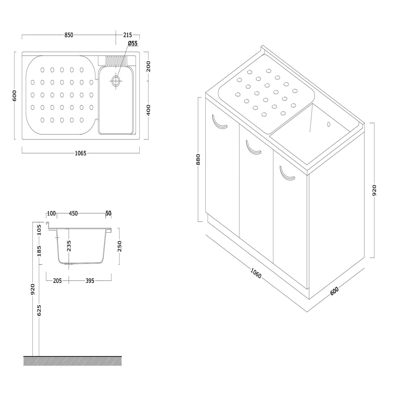 Coprilavatrice da interno 106 x 60 cm con 3 ante con asse in legno, per lavatrice a sinistra
