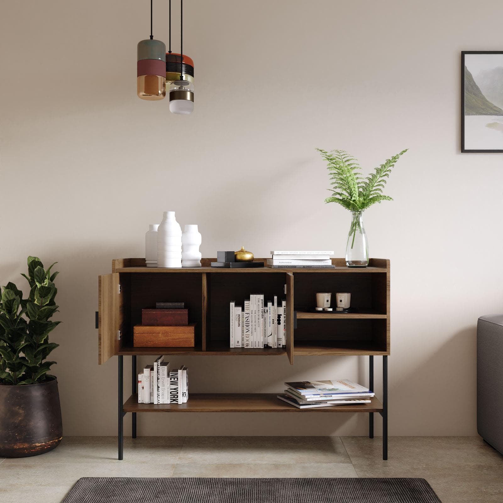Credenza 120x87h cm con 2 ante soft close noce cannettato e gambe in metallo nero - Ozma