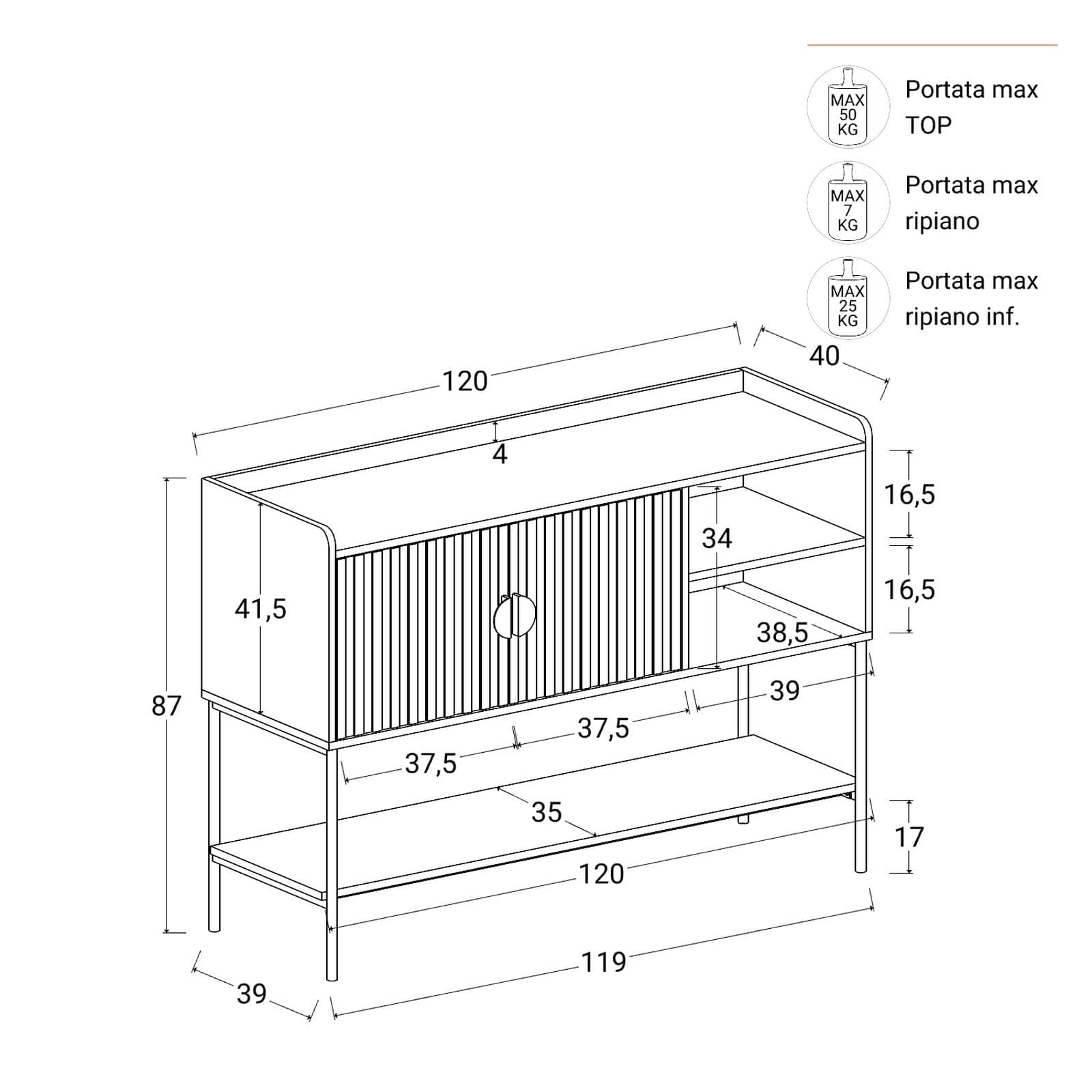 Credenza 120x87h cm con 2 ante soft close noce cannettato e gambe in metallo nero - Ozma