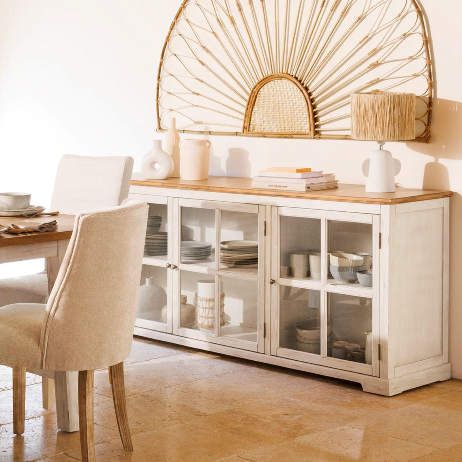 Credenza 180x80h cm in legno di acacia bianco e naturale con 3 ante in vetro - Tennesee