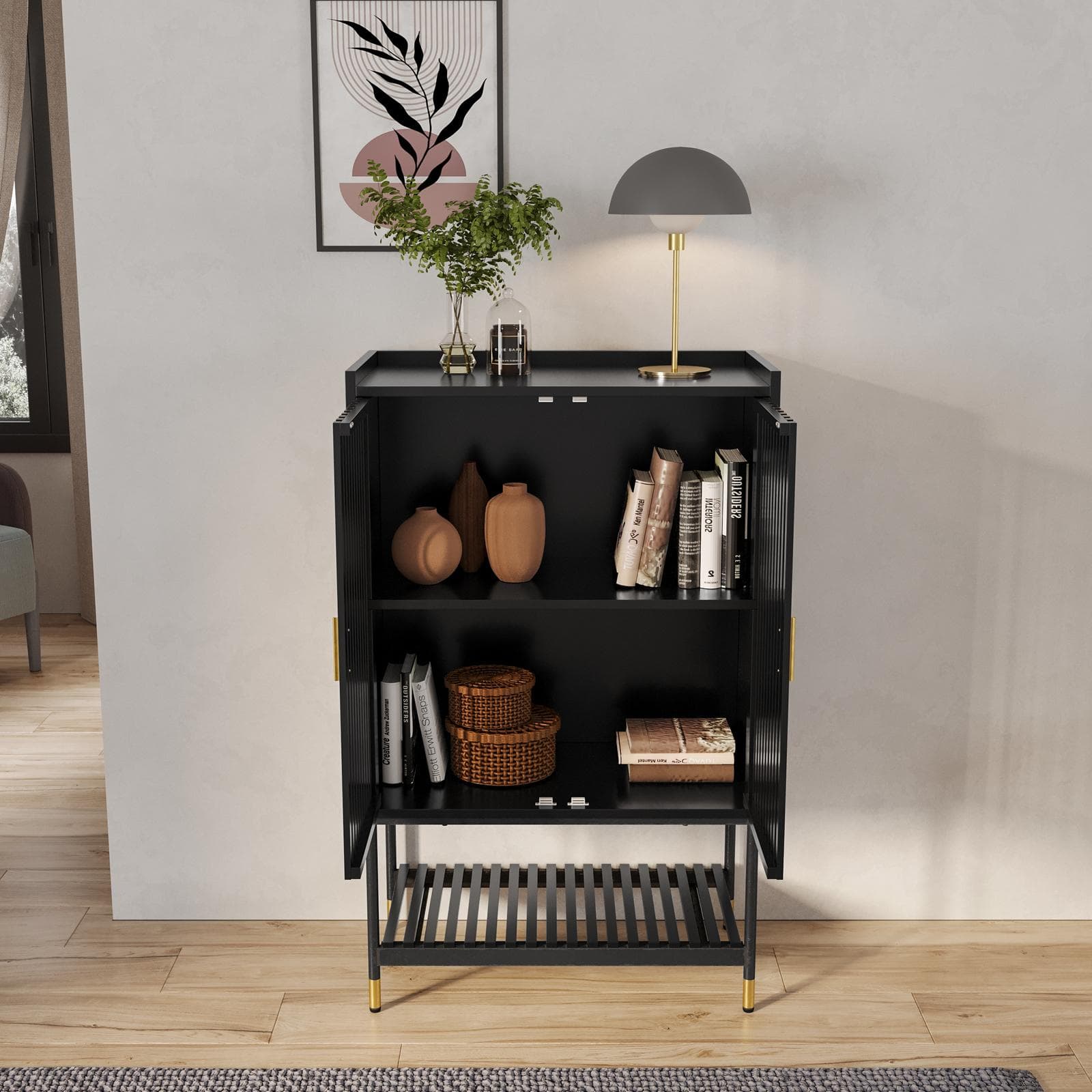 Credenza 75x120h cm con 2 ante nero opaco cannettato e gambe in acciaio con dettagli oro - Mirabel