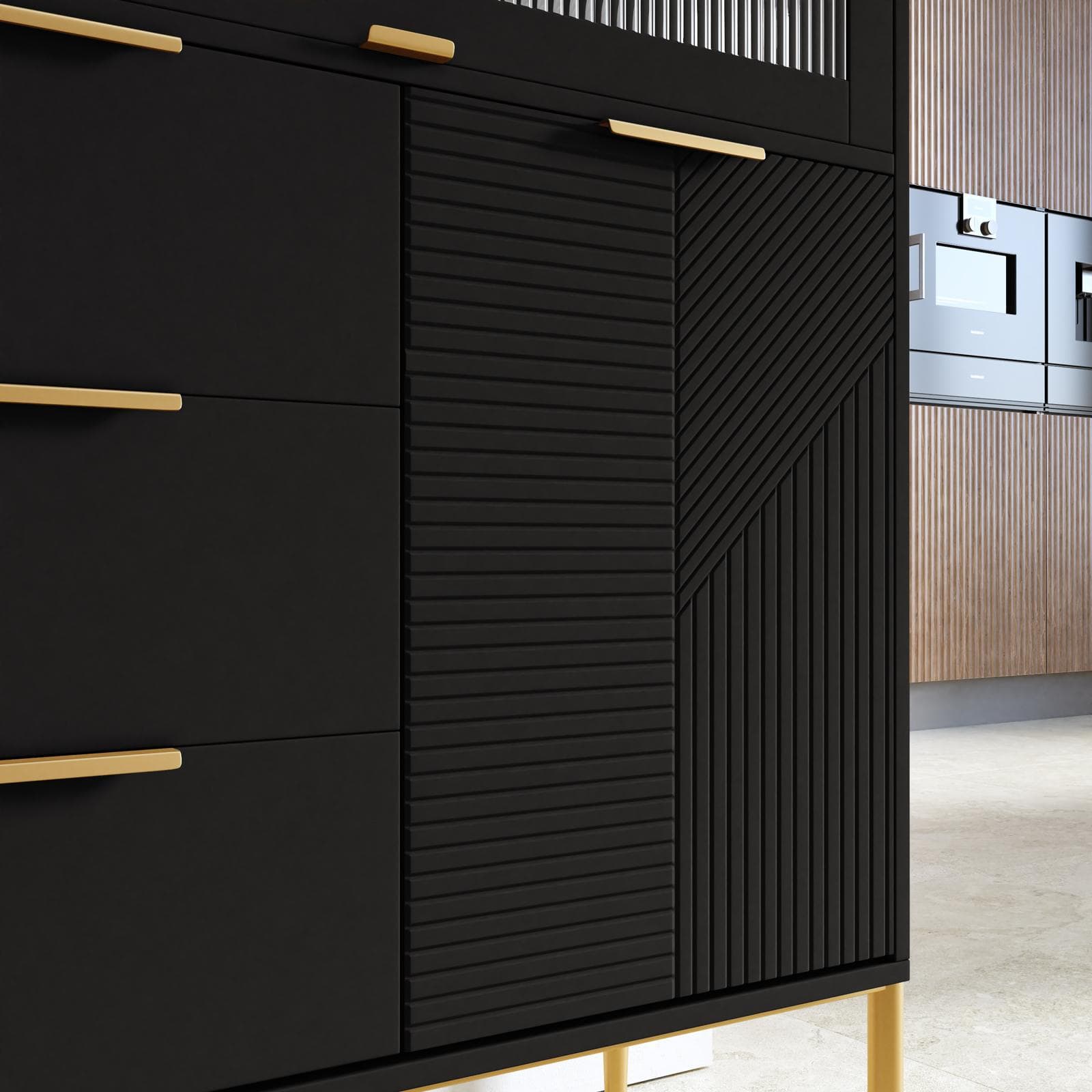 Credenza 85x115h cm con 2 ante e 3 cassetti nero opaco cannettato e gambe oro - Gwyneth