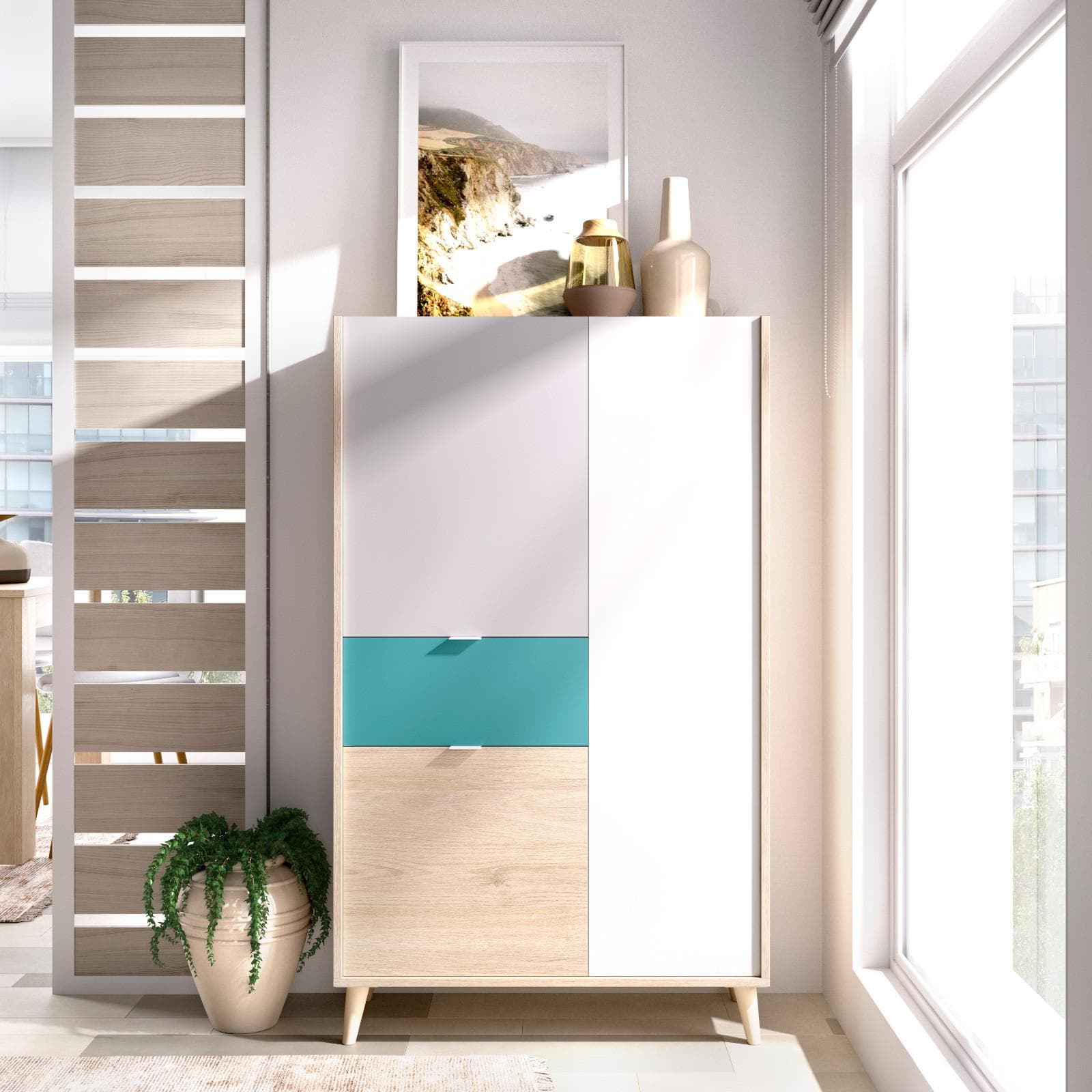 Credenza 81x149 h cm con tre ante e un cassetto in legno grigio bianco e verde - Koria