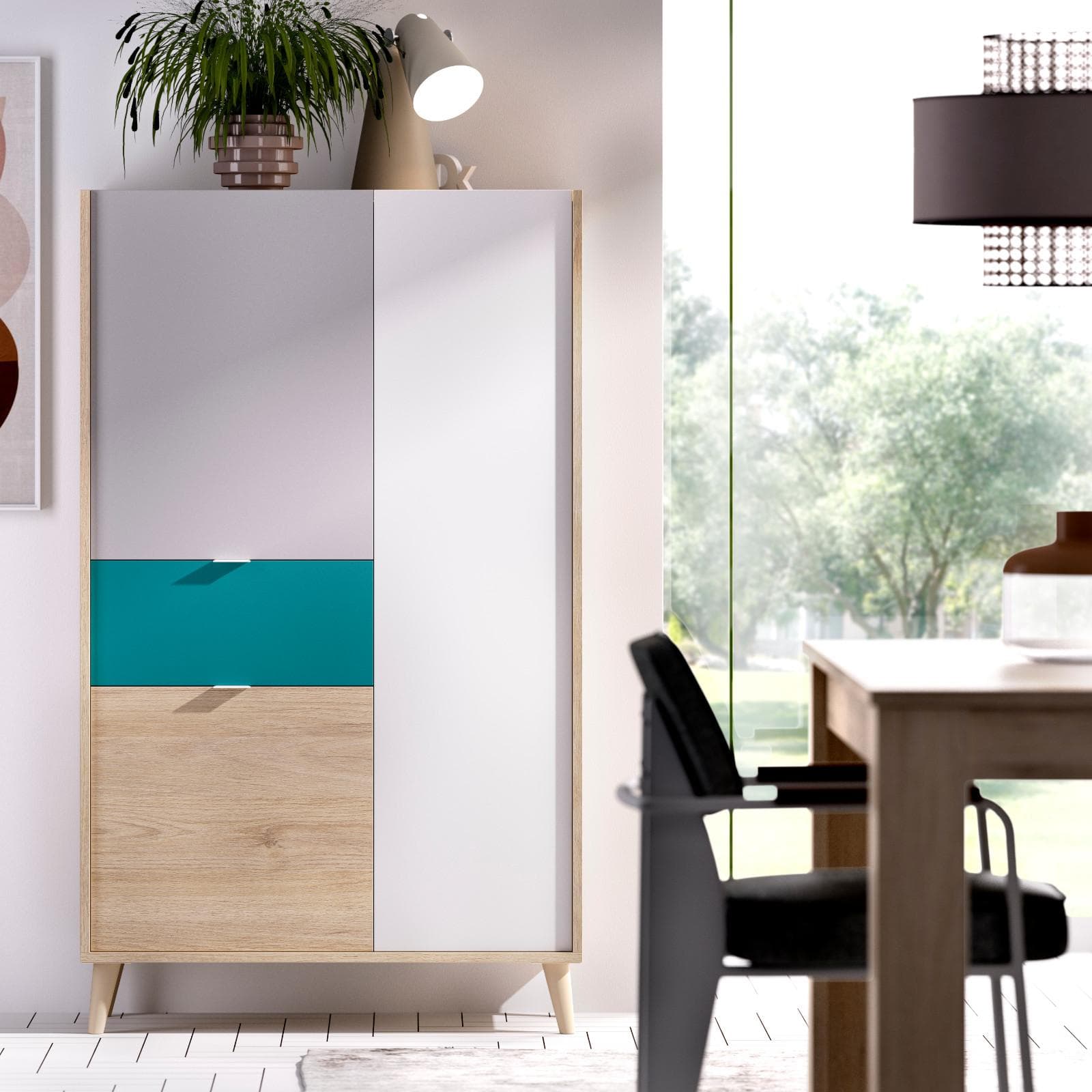 Credenza 81x149 h cm con tre ante e un cassetto in legno grigio bianco e verde - Koria