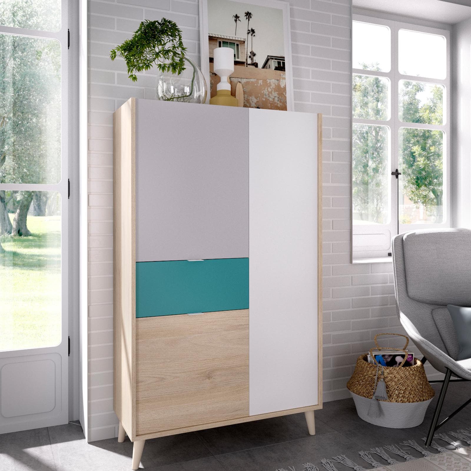 Credenza 81x149 h cm con tre ante e un cassetto in legno grigio bianco e verde - Koria