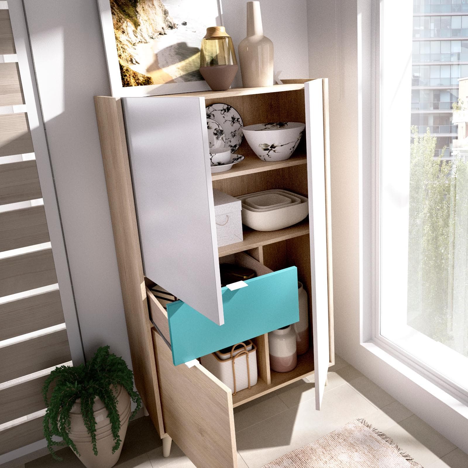 Credenza 81x149 h cm con tre ante e un cassetto in legno grigio bianco e verde - Koria