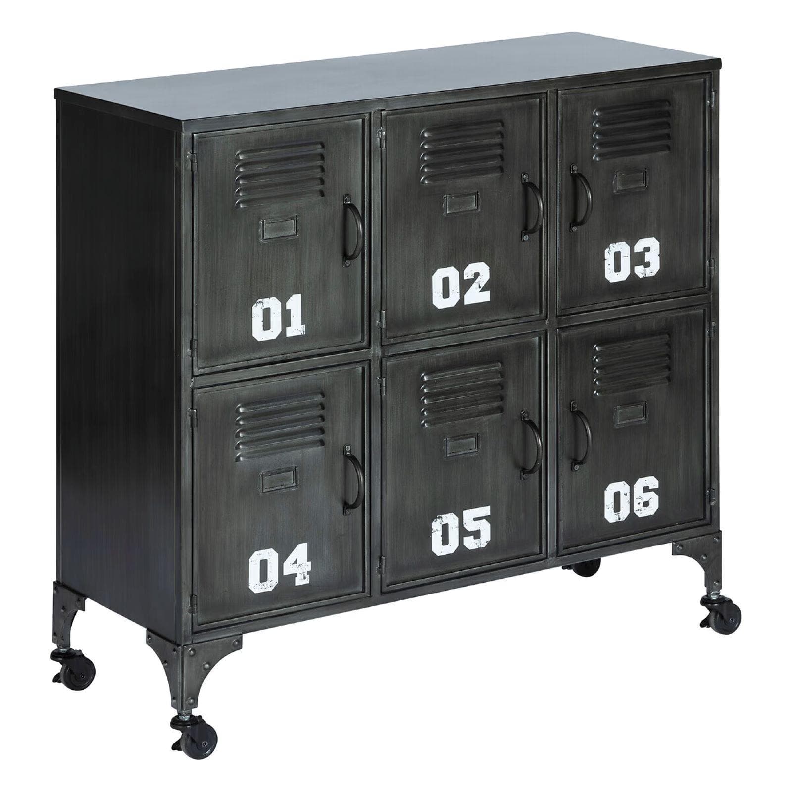 Credenza 90x89h cm in metallo nero con 6 ante numerate e ruote - Orlando