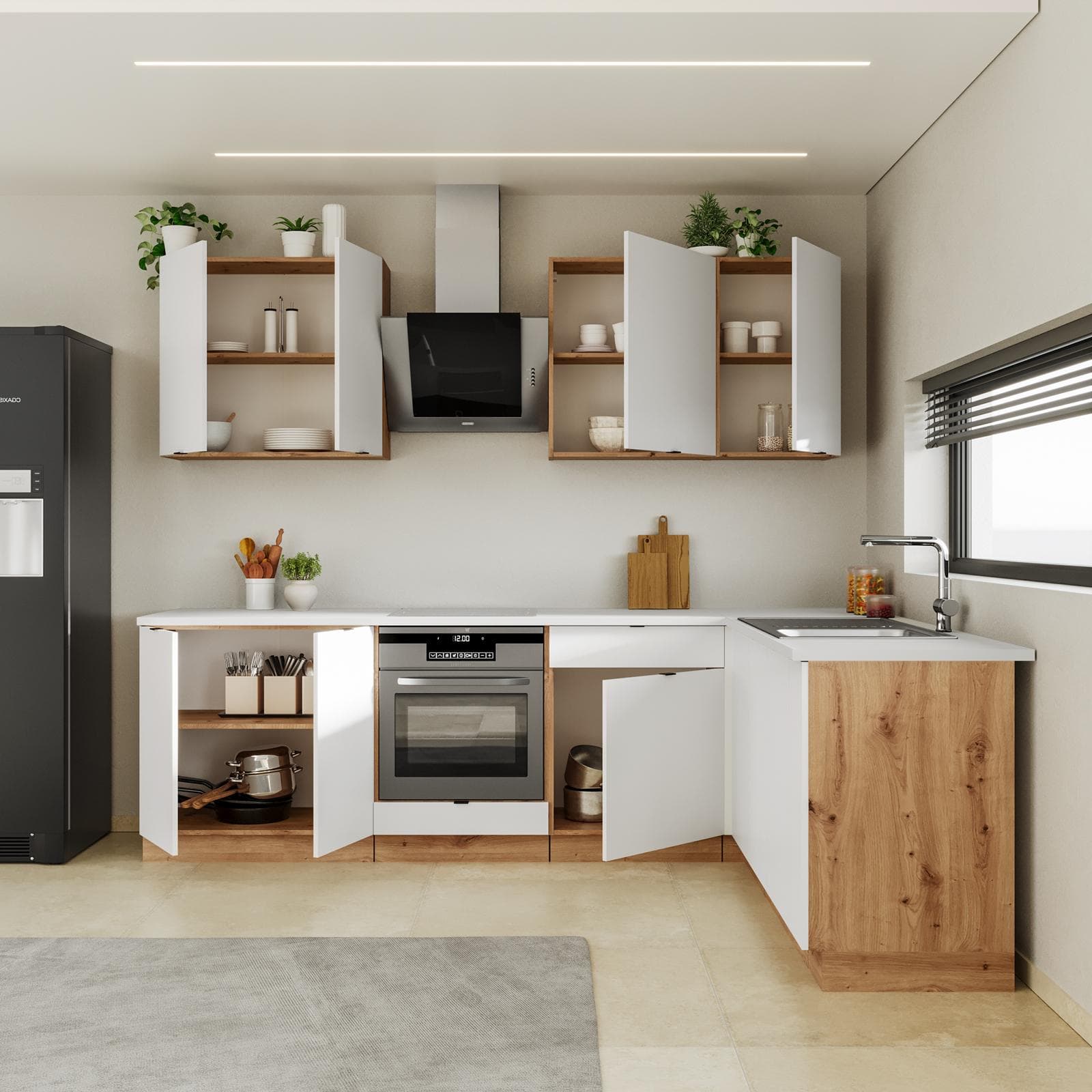 Cucina angolare 260 cm reversibile bianco e rovere rustico con top in HPL bianco - Fosca