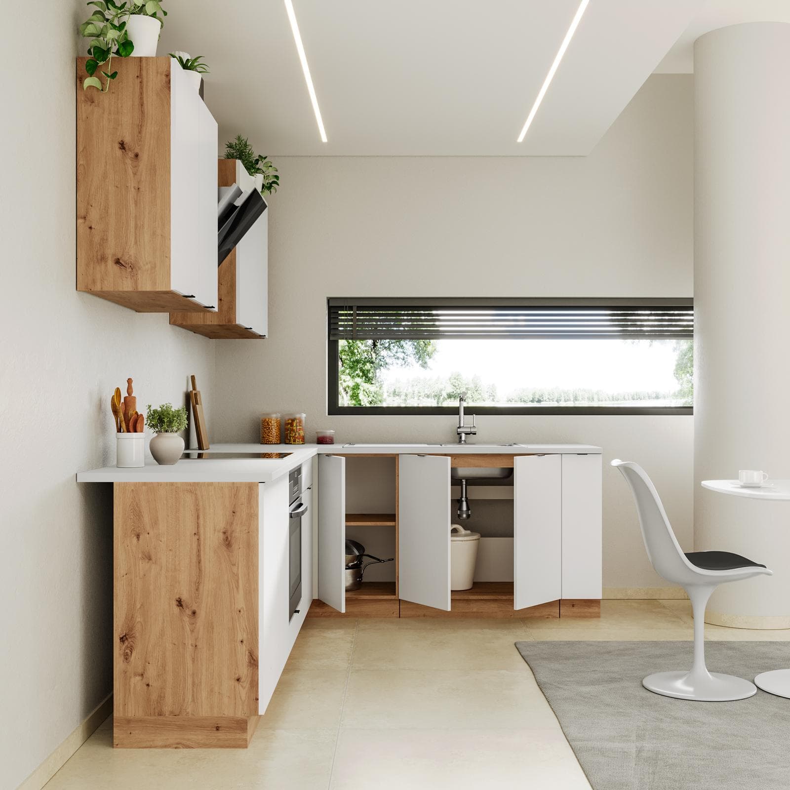 Cucina angolare 260 cm reversibile bianco e rovere rustico con top in HPL bianco - Fosca