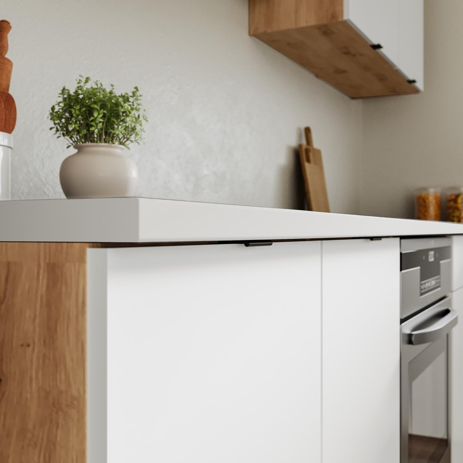 Cucina angolare 260 cm reversibile bianco e rovere rustico con top in HPL bianco - Fosca