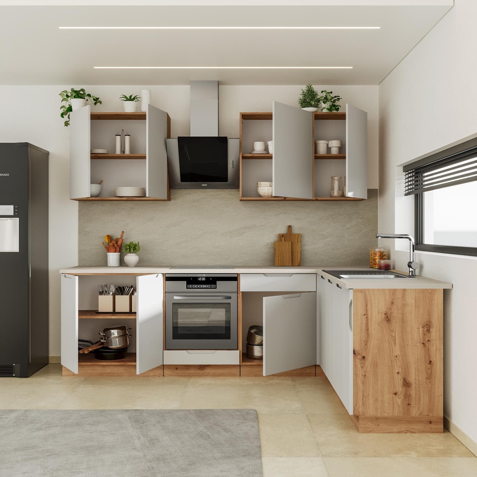 Cucina angolare 260 cm reversibile grigio chiaro e rovere rustico con top in HPL beige - Liala