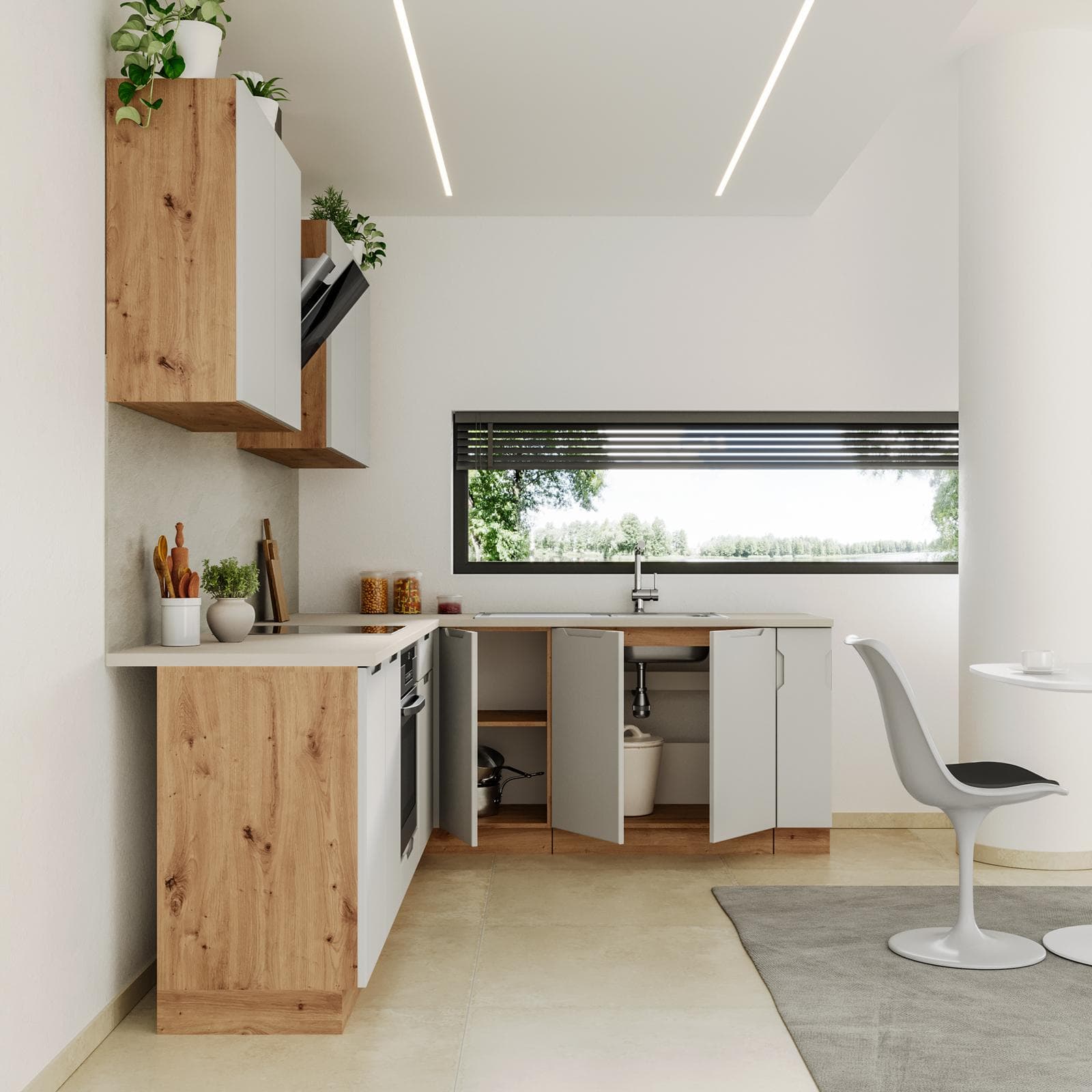 Cucina angolare 260 cm reversibile grigio chiaro e rovere rustico con top in HPL beige - Liala