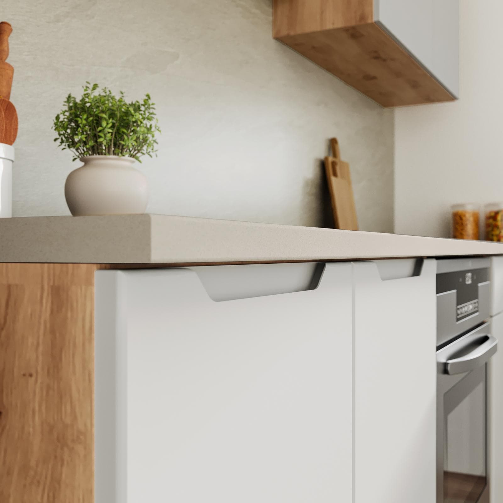 Cucina angolare 260 cm reversibile grigio chiaro e rovere rustico con top in HPL beige - Liala