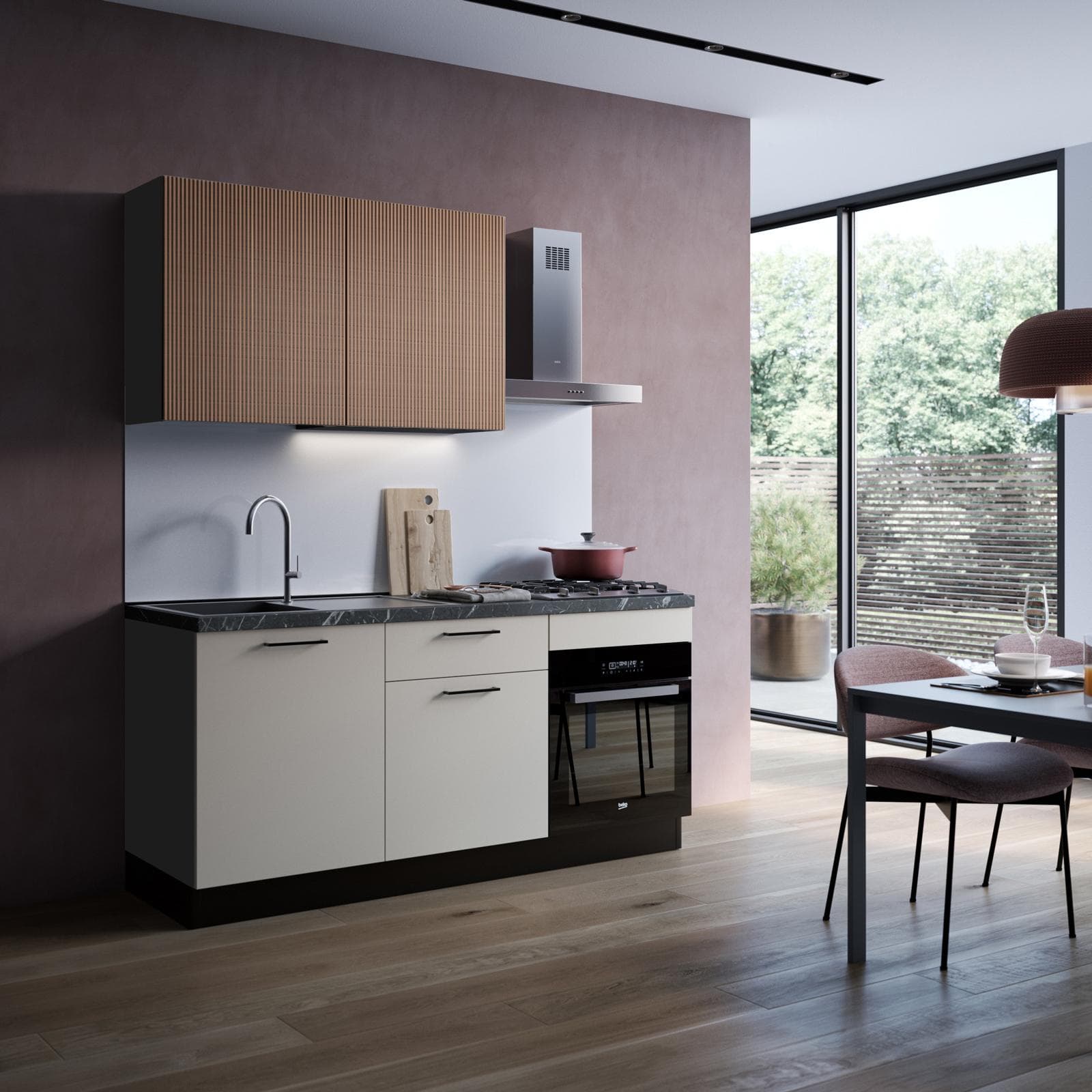 Cucina lineare 180 cm reversibile antracite e cashmere top 40 mm nero effetto marmo con 2 pensili dogati - Domy