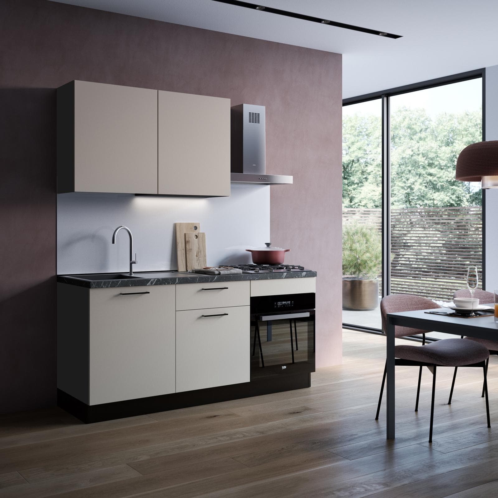Cucina lineare 180 cm reversibile antracite e cashmere top 40 mm nero effetto marmo con 2 pensili - Domy