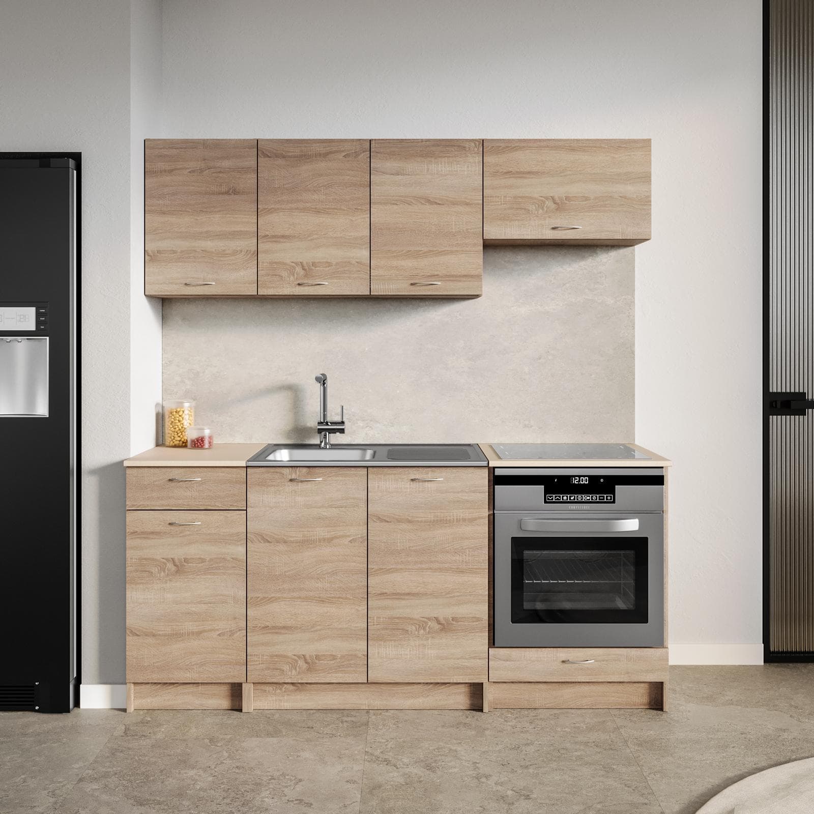 Cucina lineare 180 cm reversibile rovere sonoma e top beige con pensili e base per forno - Sorbona