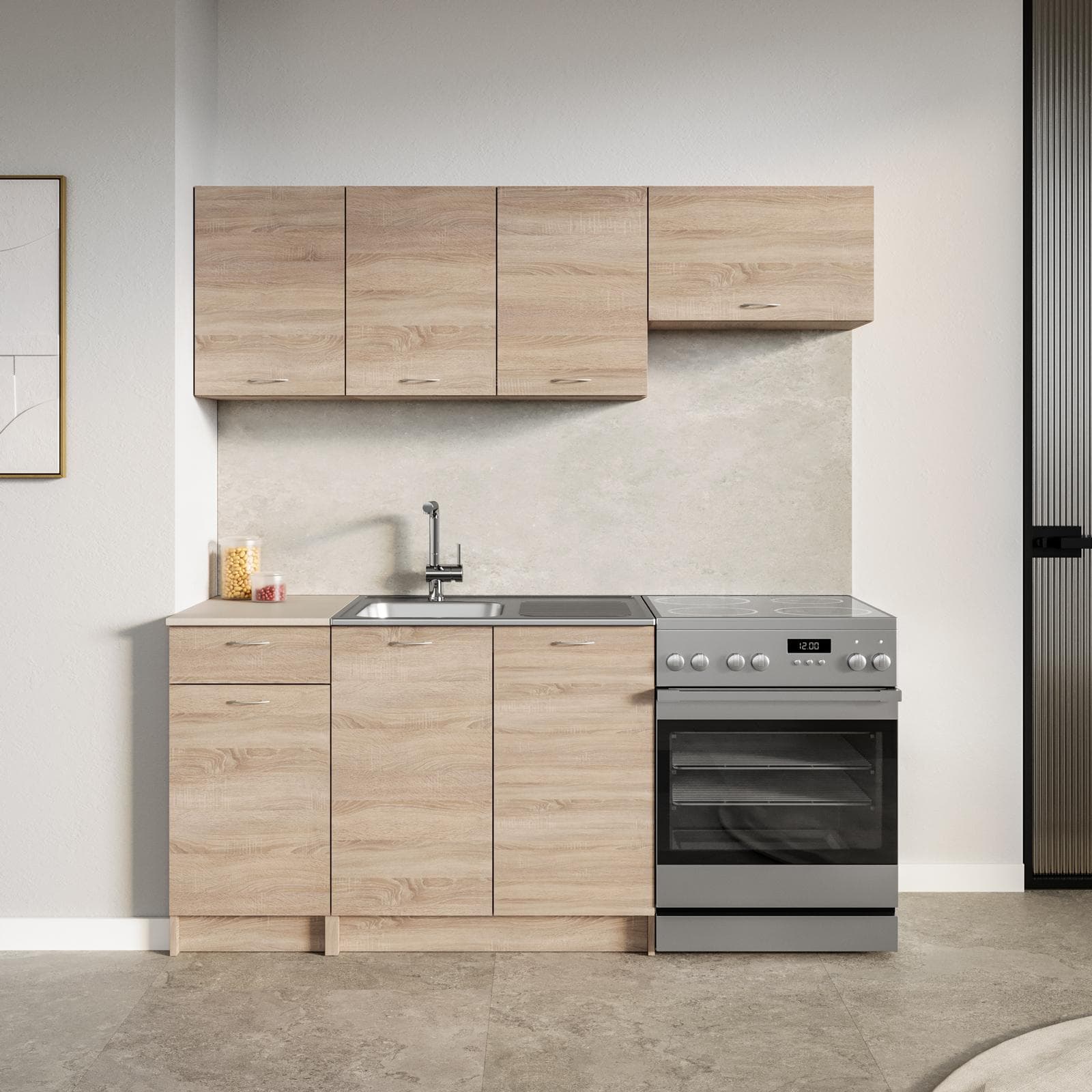Cucina lineare 180 cm reversibile rovere sonoma e top beige con pensili - Sorbona