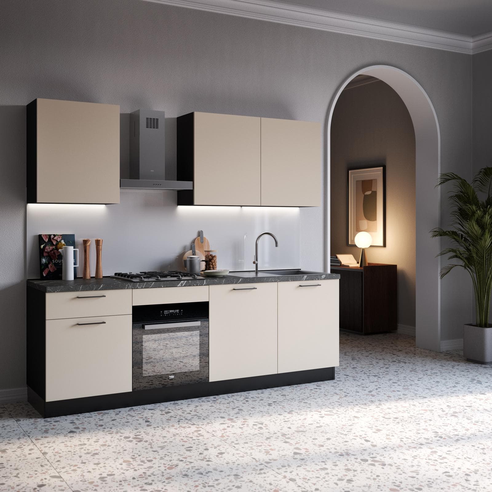 Cucina lineare 240 cm reversibile antracite e cashmere top 40 mm nero effetto marmo con anta lavastoviglie - Domy