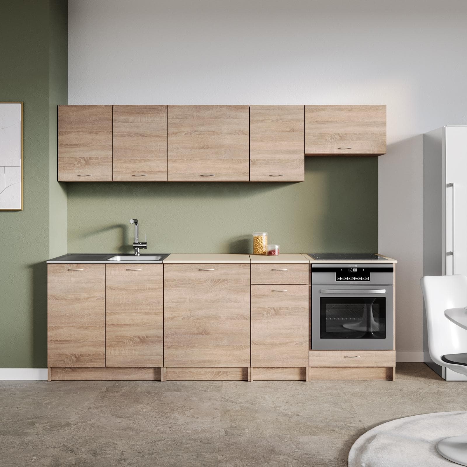 Cucina lineare 240 cm reversibile rovere sonoma e top beige con pensili e base per forno - Sorbona